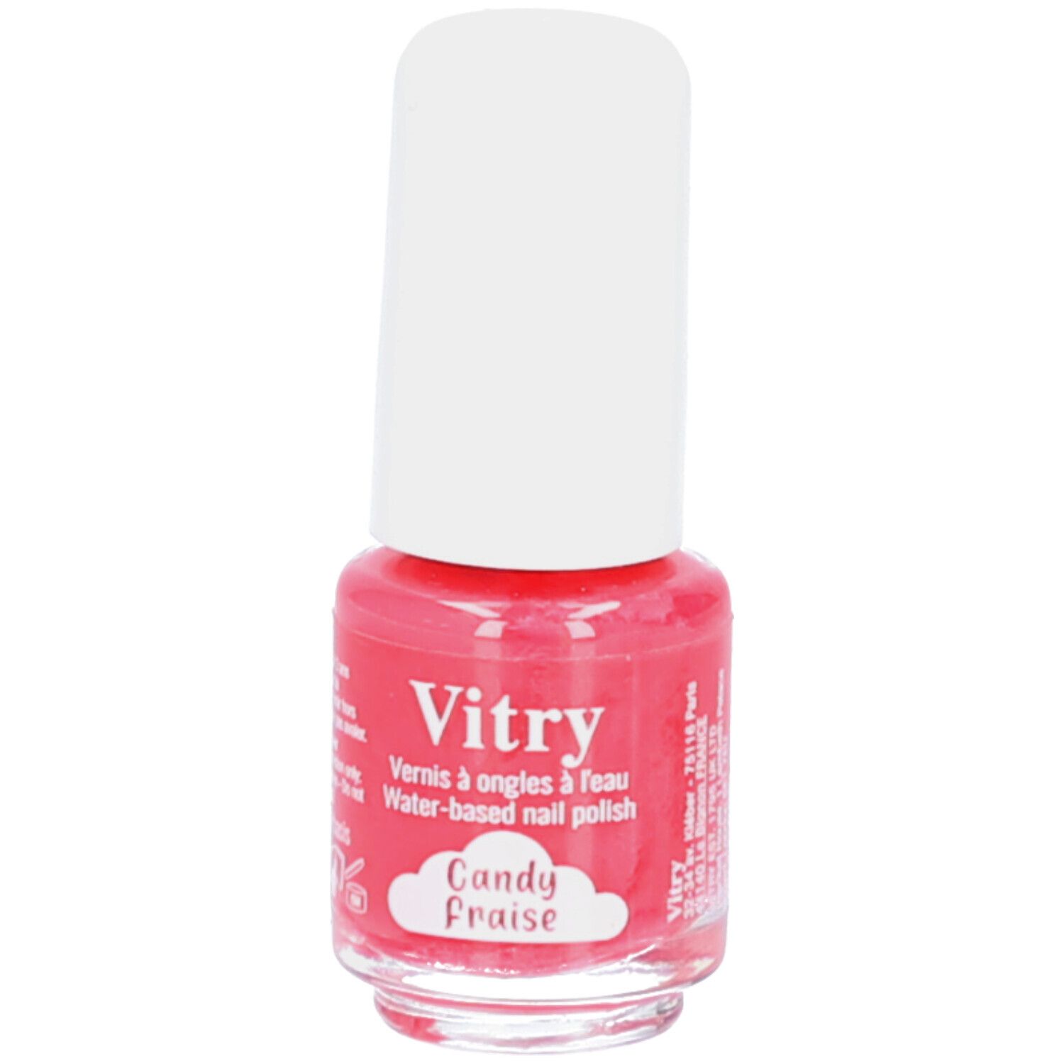 Rosa Nagellackflasche mit weißem Deckel. Aufschrift: Vitry, Candy Fraise. Wasserbasierter Nagellack.