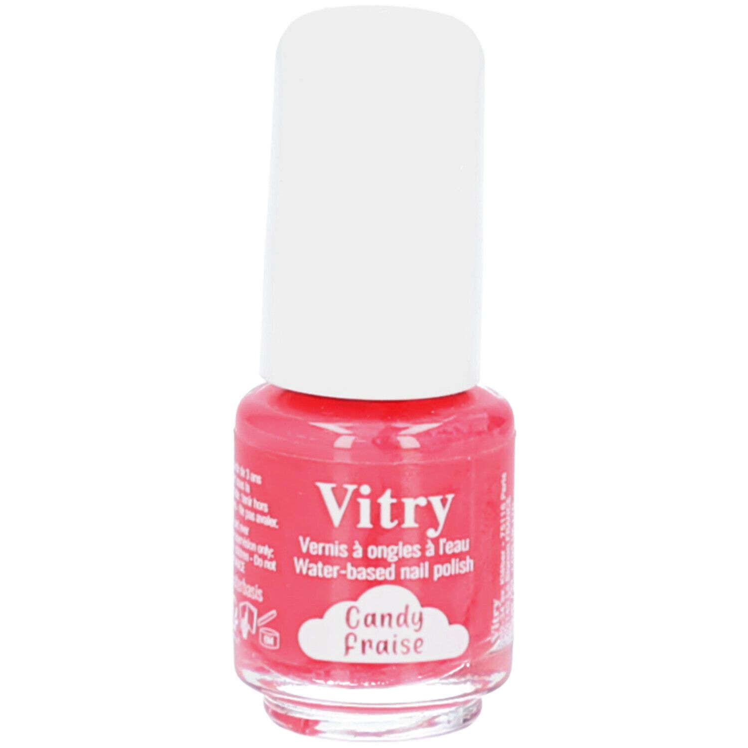 Rosa Nagellackflasche mit weißem Deckel. Aufschrift: Vitry, Candy Fraise. Wasserbasierter Nagellack.