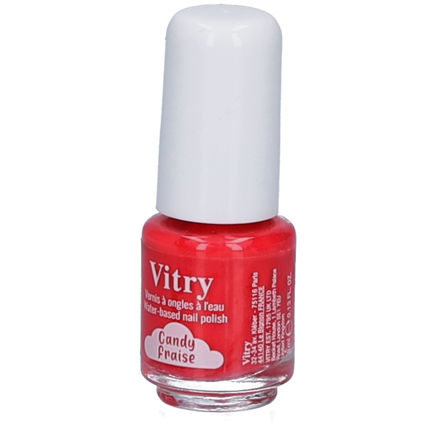 Rote Nagellackflasche mit weißem Deckel. Aufschrift: Vitry, Candy Fraise. Wasserbasierter Nagellack.