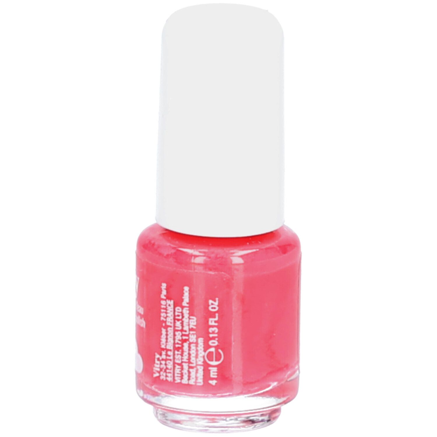 Nagellackflasche mit weißem Deckel. Rosa Flüssigkeit. Aufschrift: Vitry. Volumen: 4 ml.