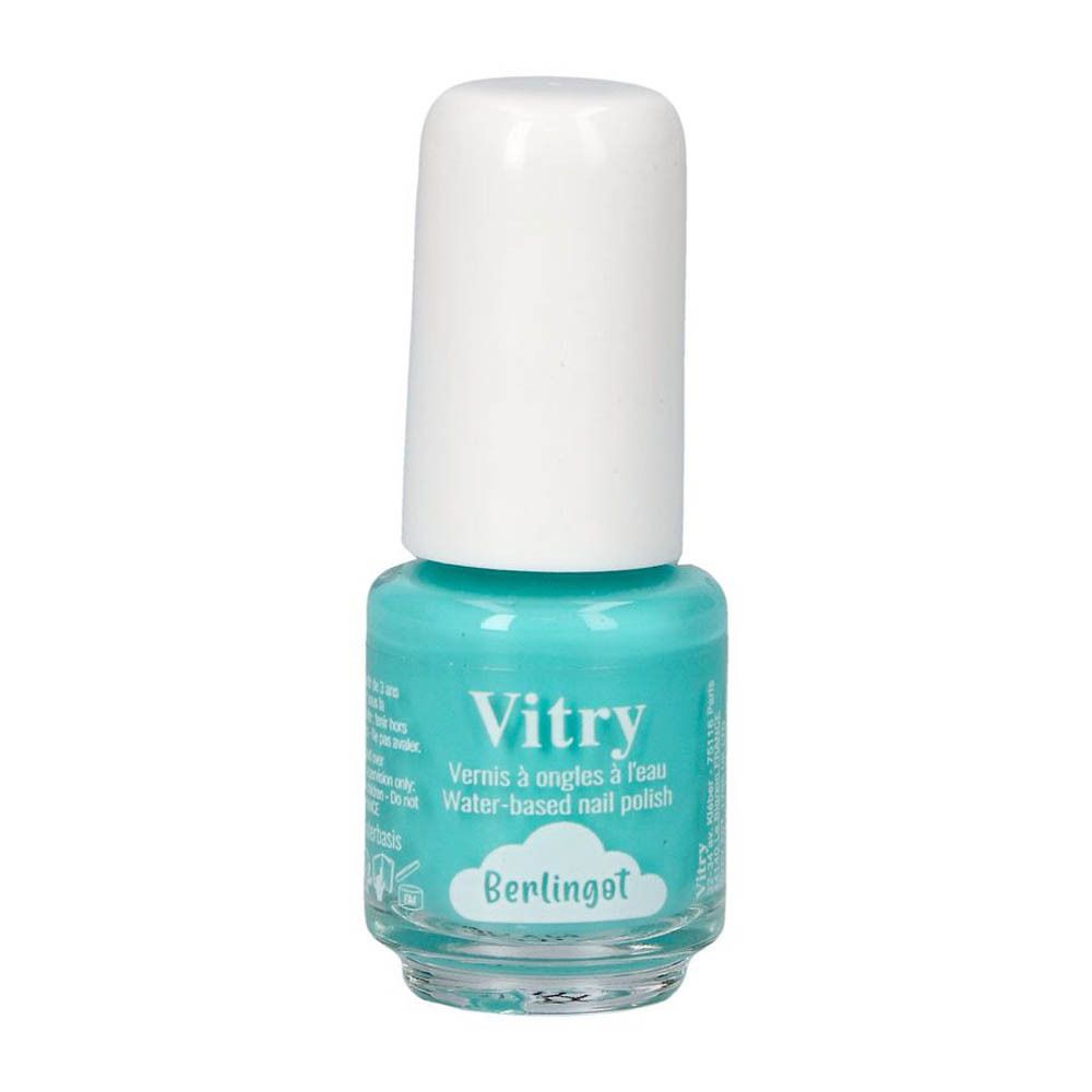 Flacon de vernis à ongles turquoise avec bouchon blanc. Inscription : Vitry, Vernis à ongles à l'eau, Berlingot.