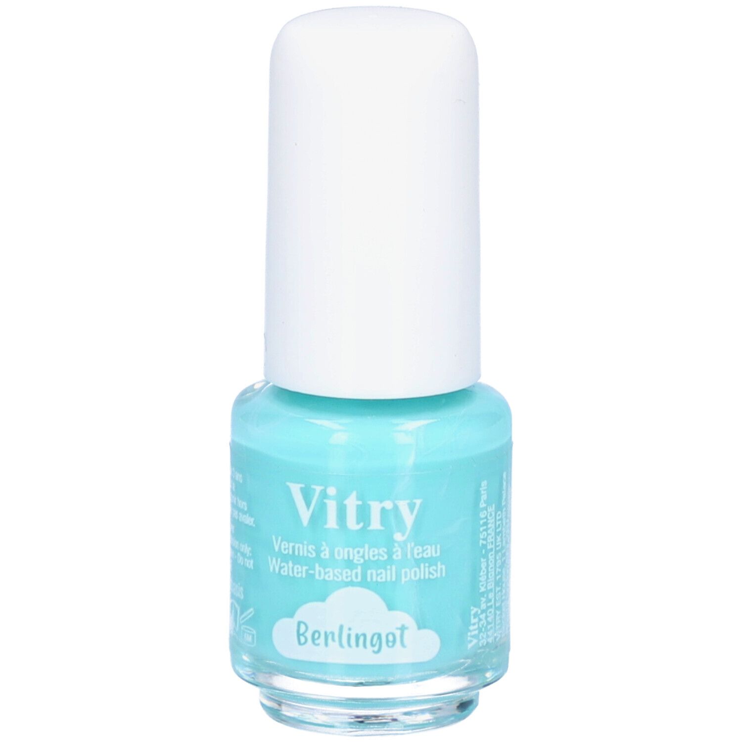 Türkisfarbener Nagellackflakon mit weißem Deckel. Aufschrift: Vitry, Vernis à ongles à l'eau, Berlingot.