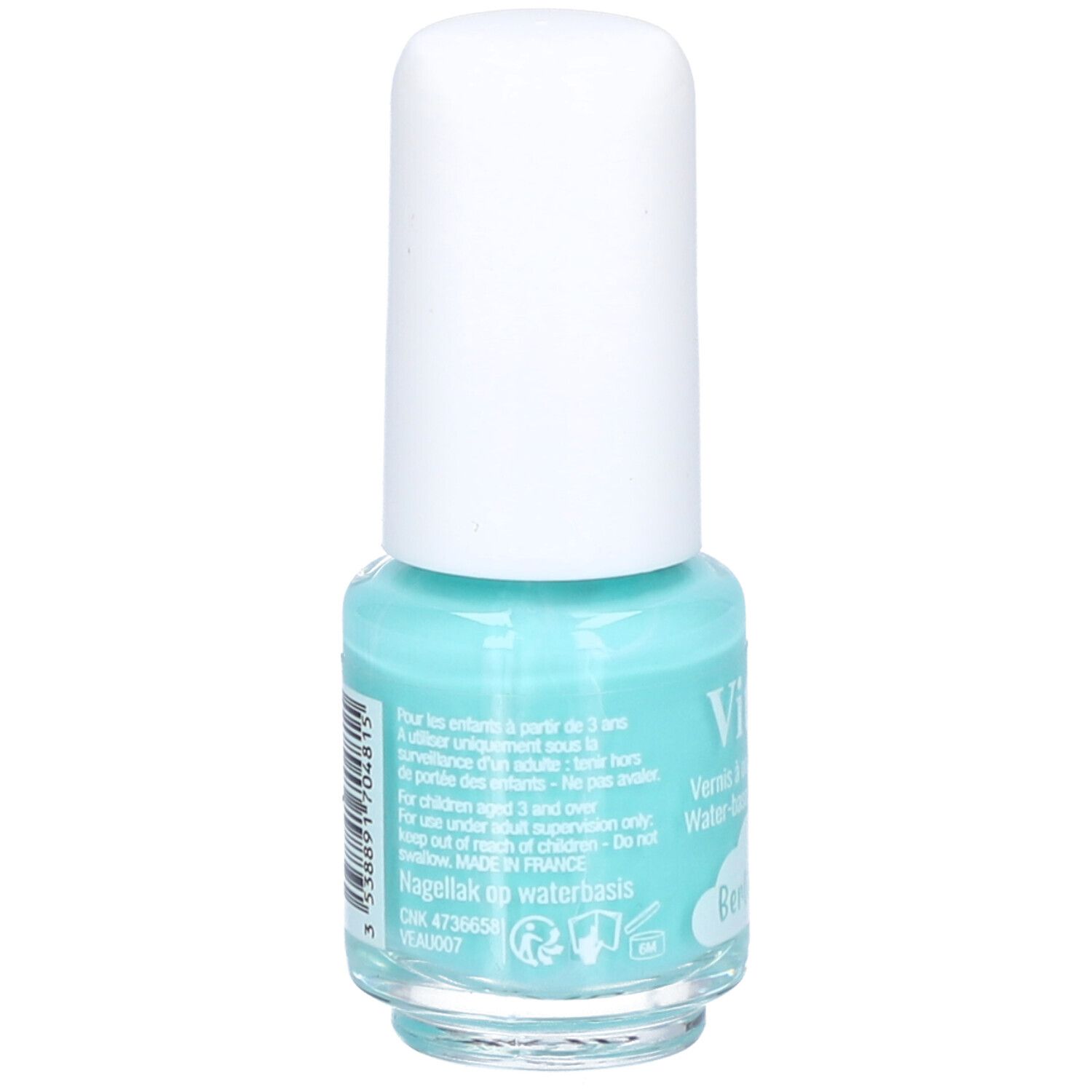 Rückseite des türkisfarbenen Nagellackflakons mit weißem Deckel. Text: Nagellak op waterbasis, Vitry, und weitere Informationen.