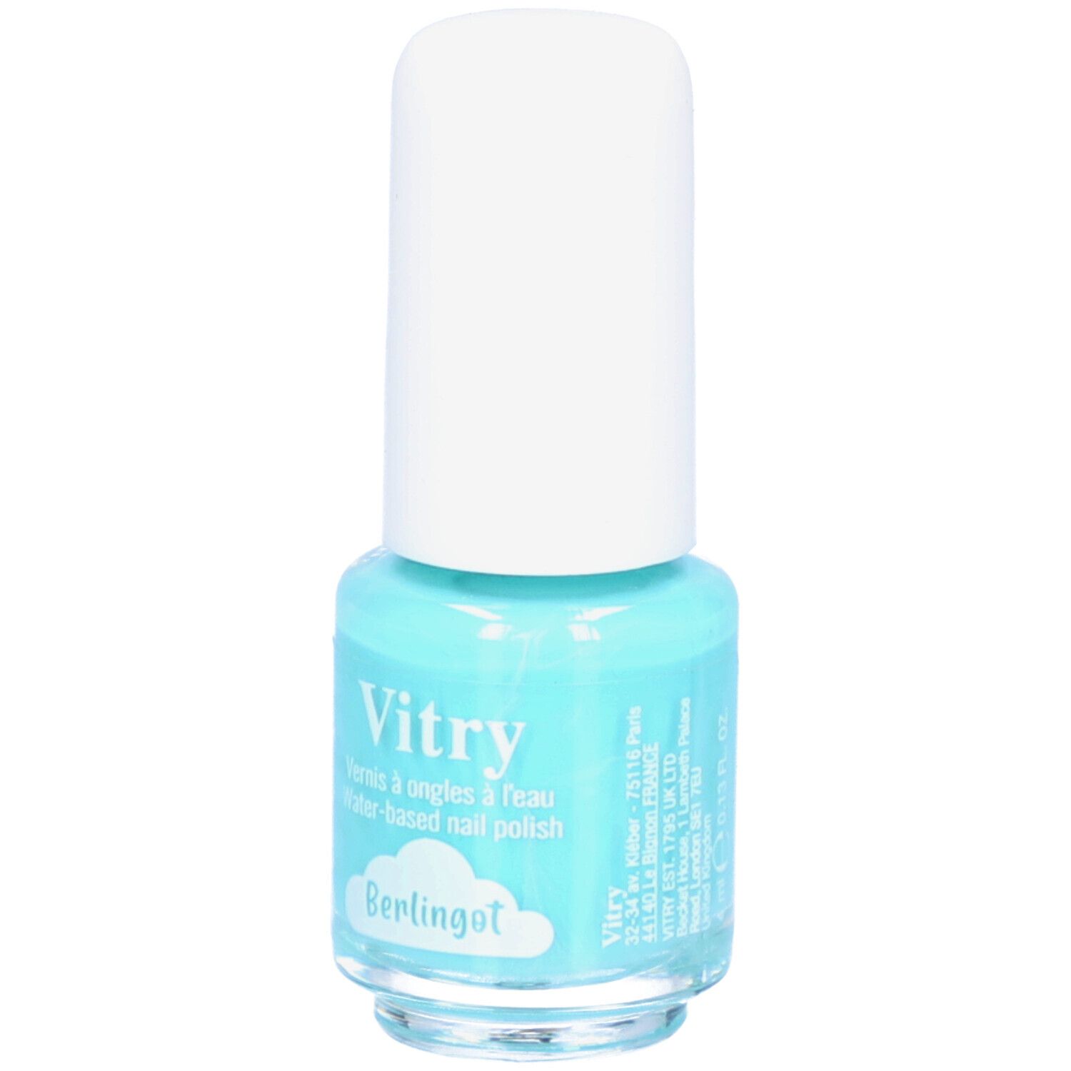 Türkisfarbener Nagellackflakon mit weißem Deckel. Aufschrift: Vitry, Vernis à ongles à l'eau, Berlingot.