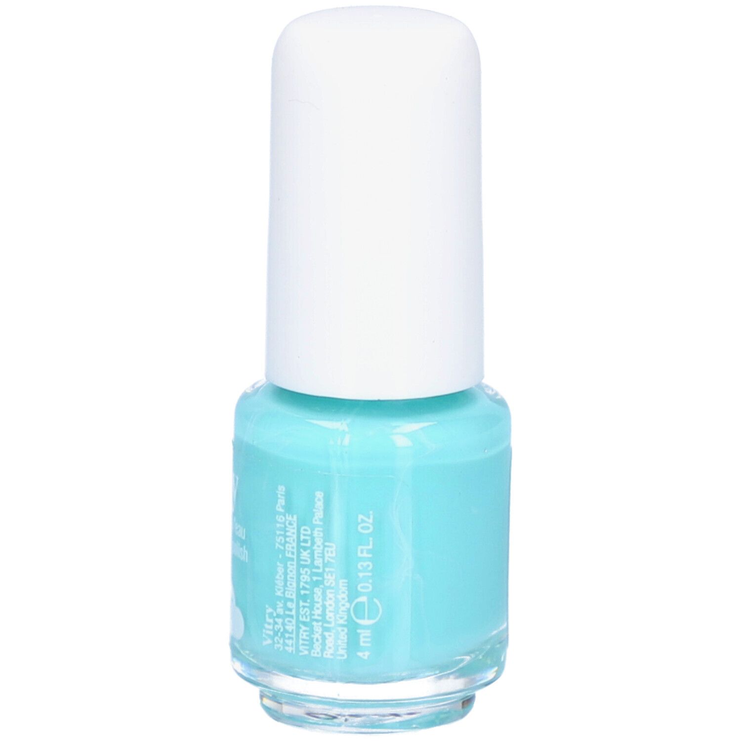 Türkisfarbener Nagellackflakon mit weißem Deckel. Aufschrift: Vitry, Vernis à ongles à l'eau, 4 ml.