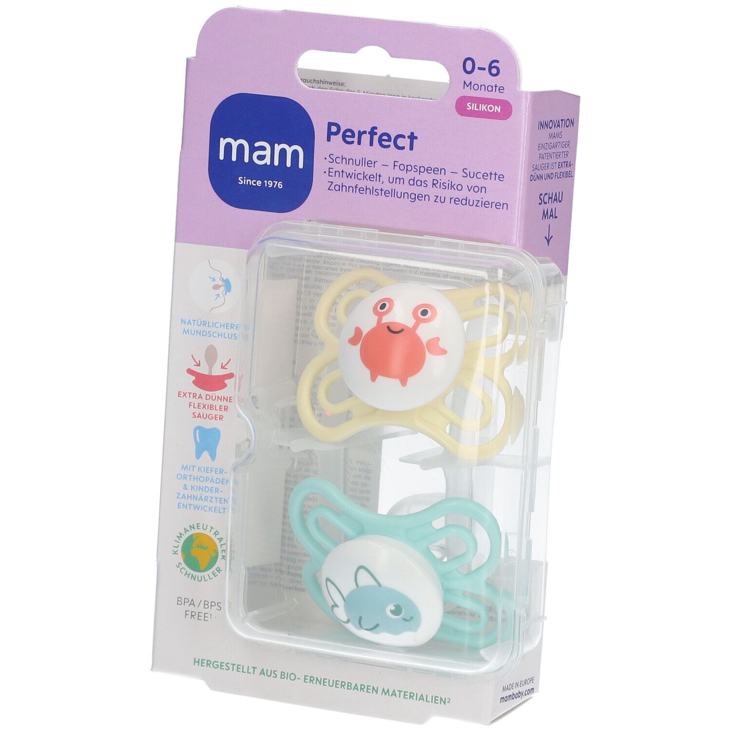 Verpackung mit zwei Schnullern. Gelber und blauer Schnuller mit Tierdesign. Altersempfehlung: 0-6 Monate. Marke: MAM Perfect.