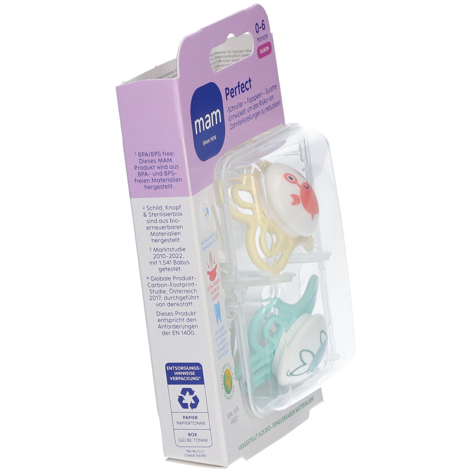Verpackung mit zwei Schnullern. Gelber und blauer Schnuller mit Tierdesign. Marke: MAM Perfect. Altersempfehlung: 0-6 Monate. Kunststoffverpackung.