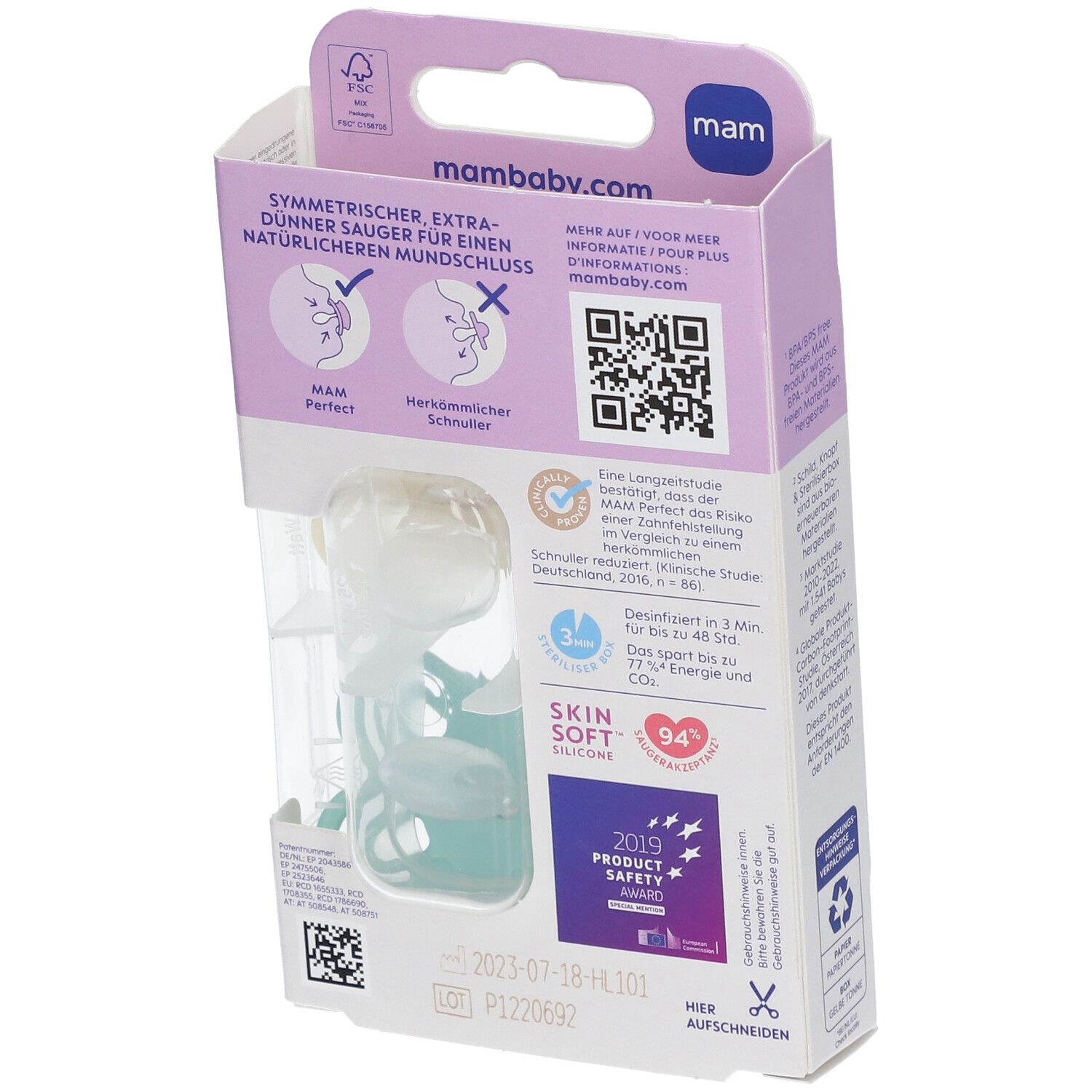 Rückseite der Verpackung mit zwei Schnullern. MAM Perfect. Altersempfehlung: 0-6 Monate. Informationen zu Materialien und Zertifizierungen.