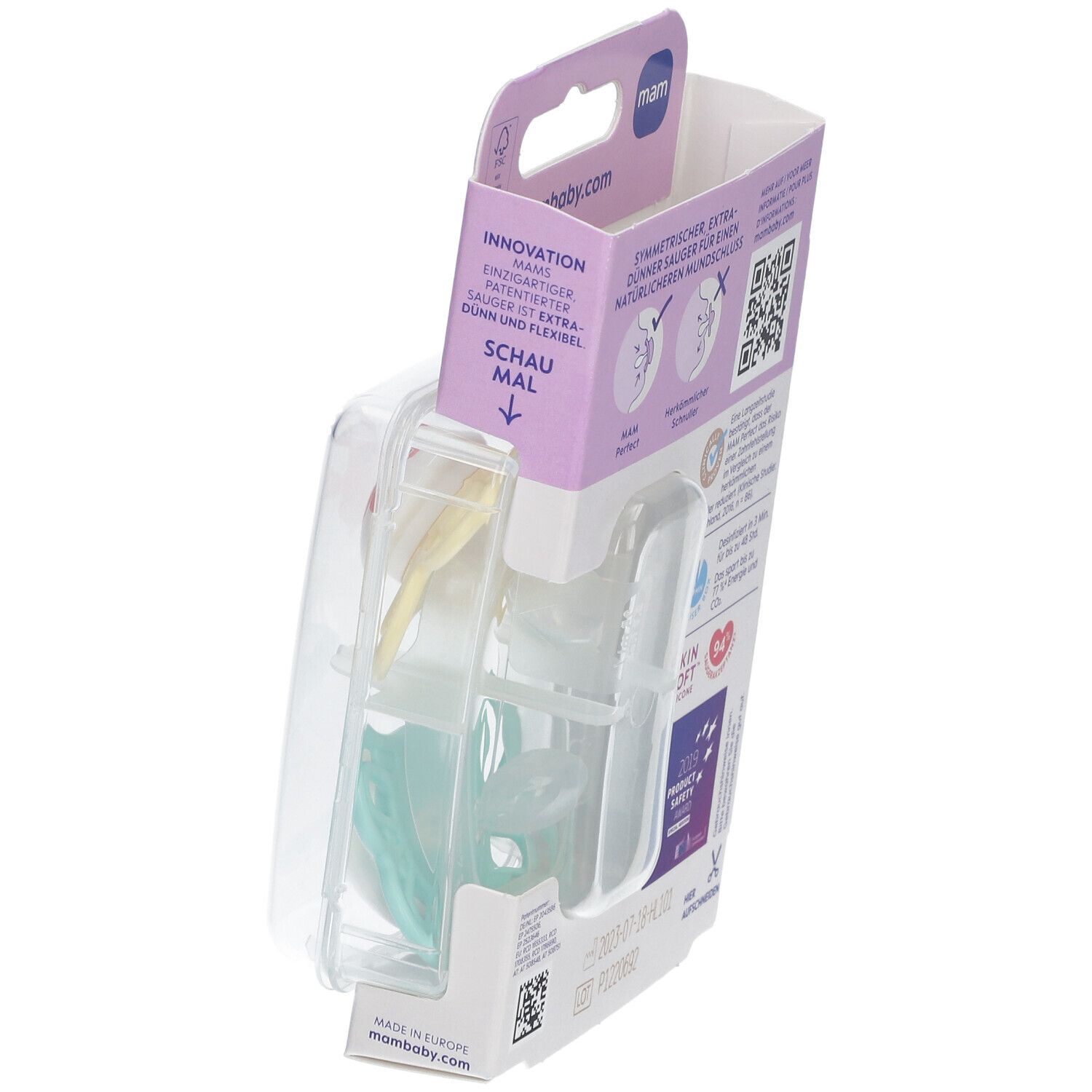 Verpackung mit zwei Schnullern. MAM Perfect. Altersempfehlung: 0-6 Monate. Kunststoffverpackung. Informationen zur Innovation.