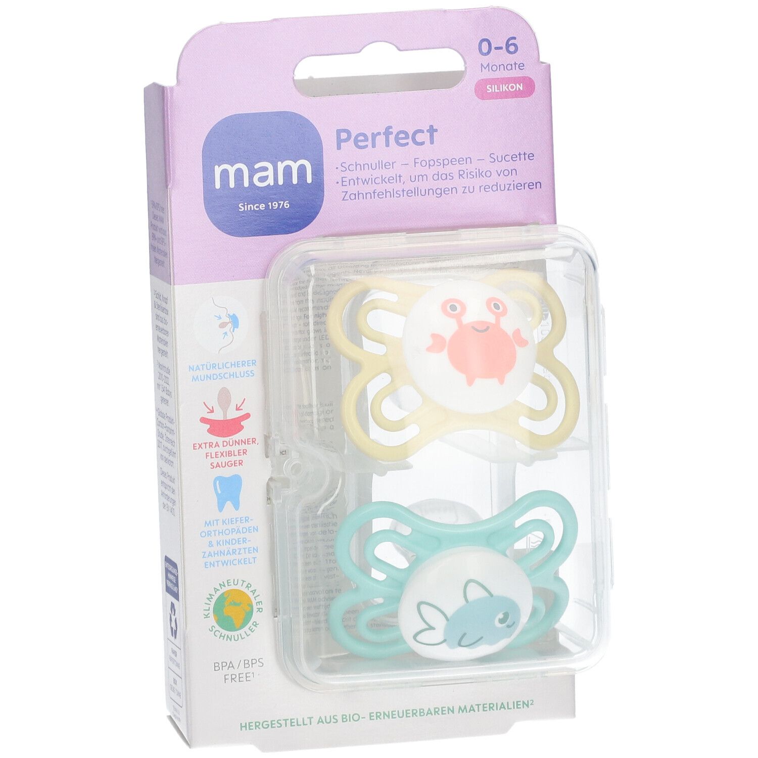 Verpackung mit zwei Schnullern. Gelber und blauer Schnuller mit Tierdesign. Marke: MAM Perfect. Altersempfehlung: 0-6 Monate.