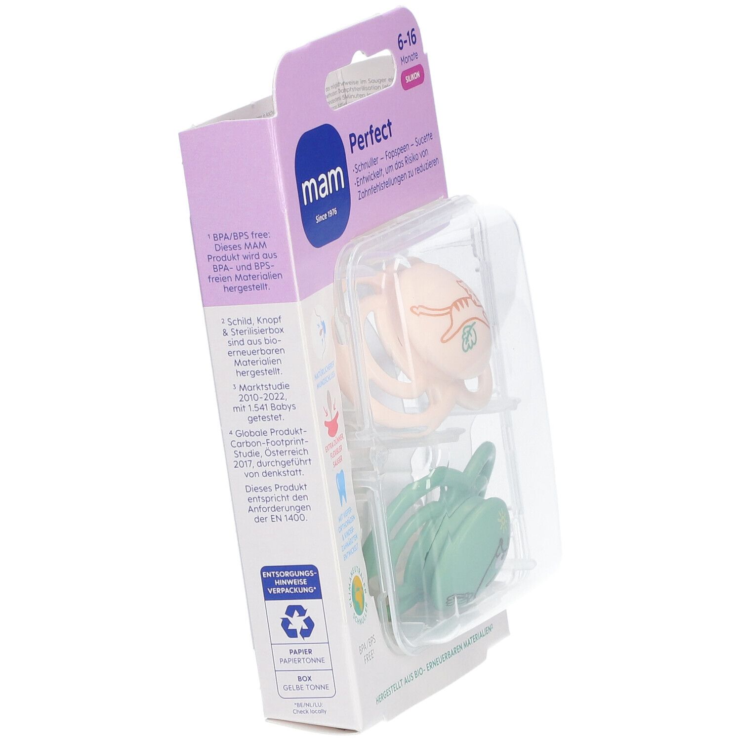 Verpackung mit zwei Schnullern. Rosa und grüner Schnuller sichtbar. Verpackung mit Produktnamen und Informationen.