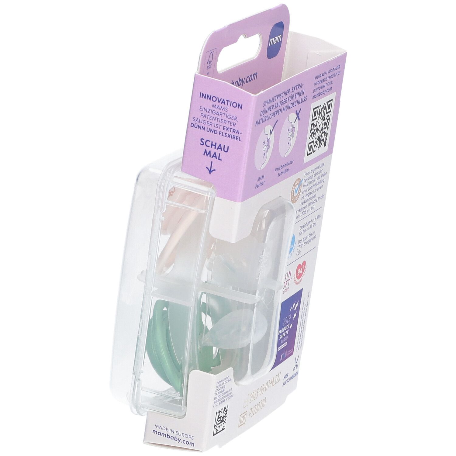 Verpackung mit zwei Schnullern. Rosa und grüner Schnuller sichtbar. Verpackung mit Produktnamen und Informationen.