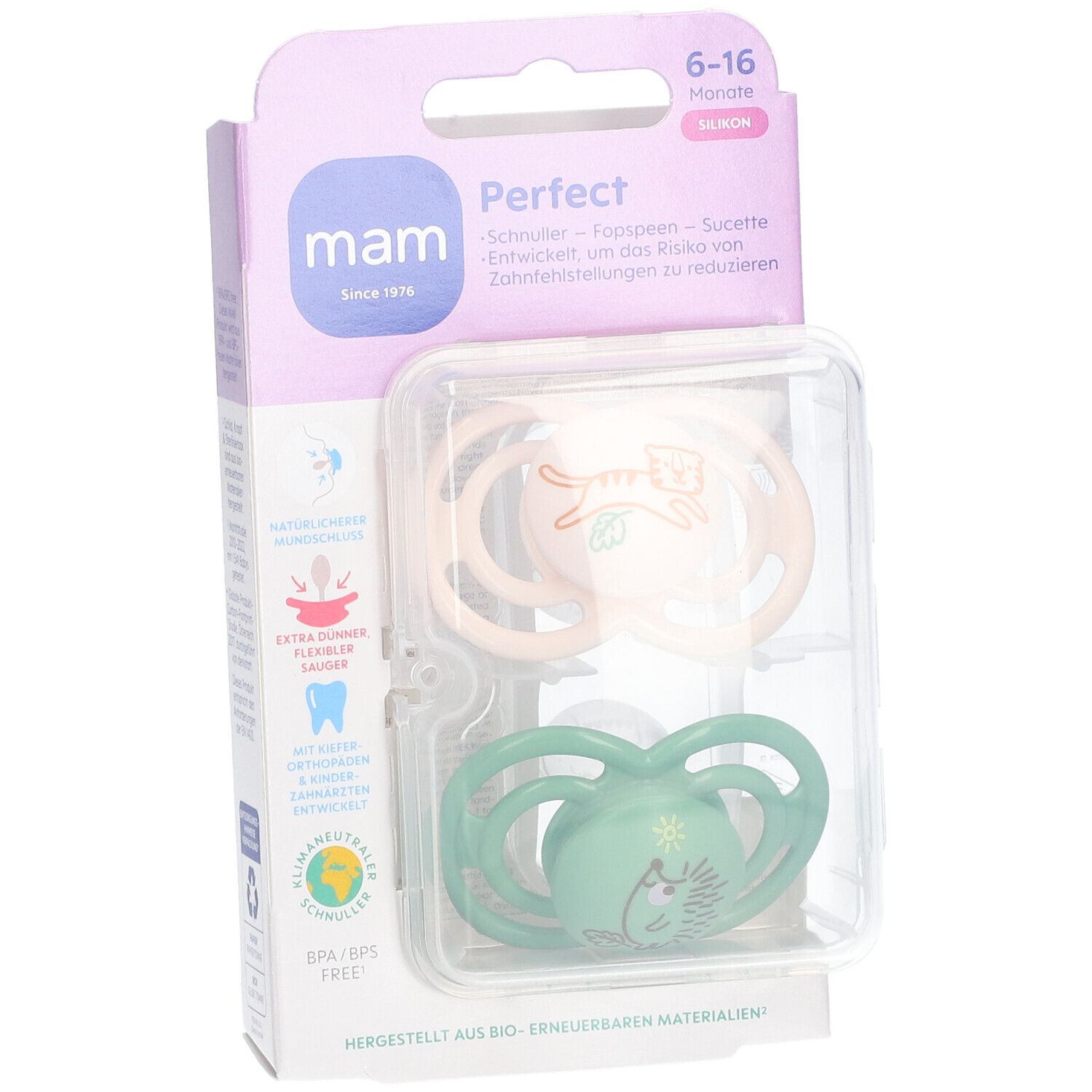 Zwei Schnuller in Verpackung. Rosa und grüner Schnuller mit Tierdesigns. Verpackung mit Produktnamen und Altersangabe.