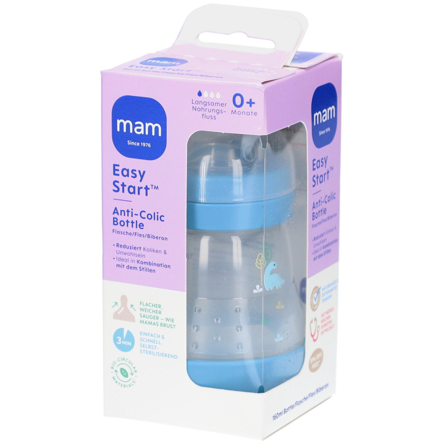 Babyflasche in Verpackung. Blau und transparent. Marke: mam. Anti-Colic. Mit 0+ Monaten. Flasche mit Dino-Motiv.