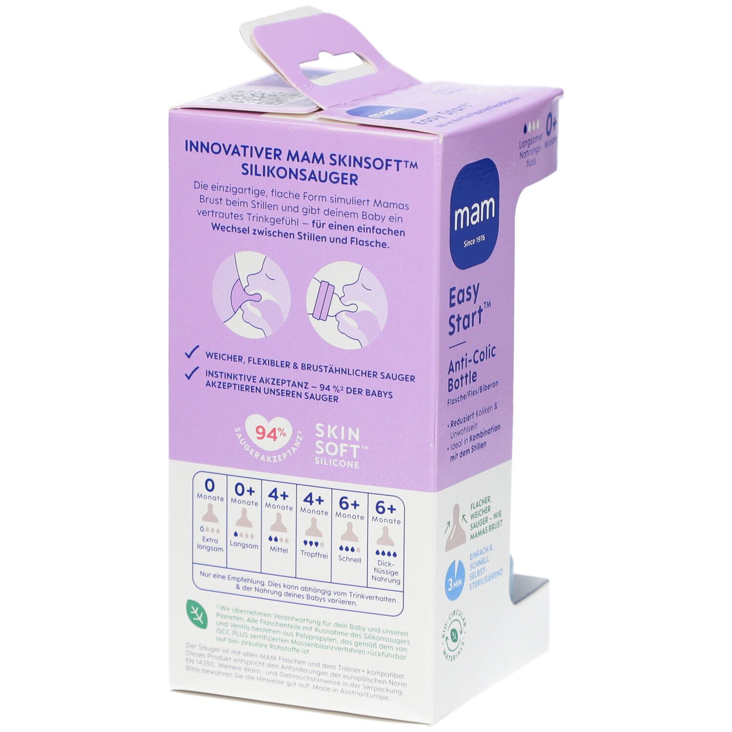 Verpackung der Babyflasche. Rückseite mit Produktinformationen. Marke: mam. SkinSoft Silikonsauger. Altersempfehlungen.