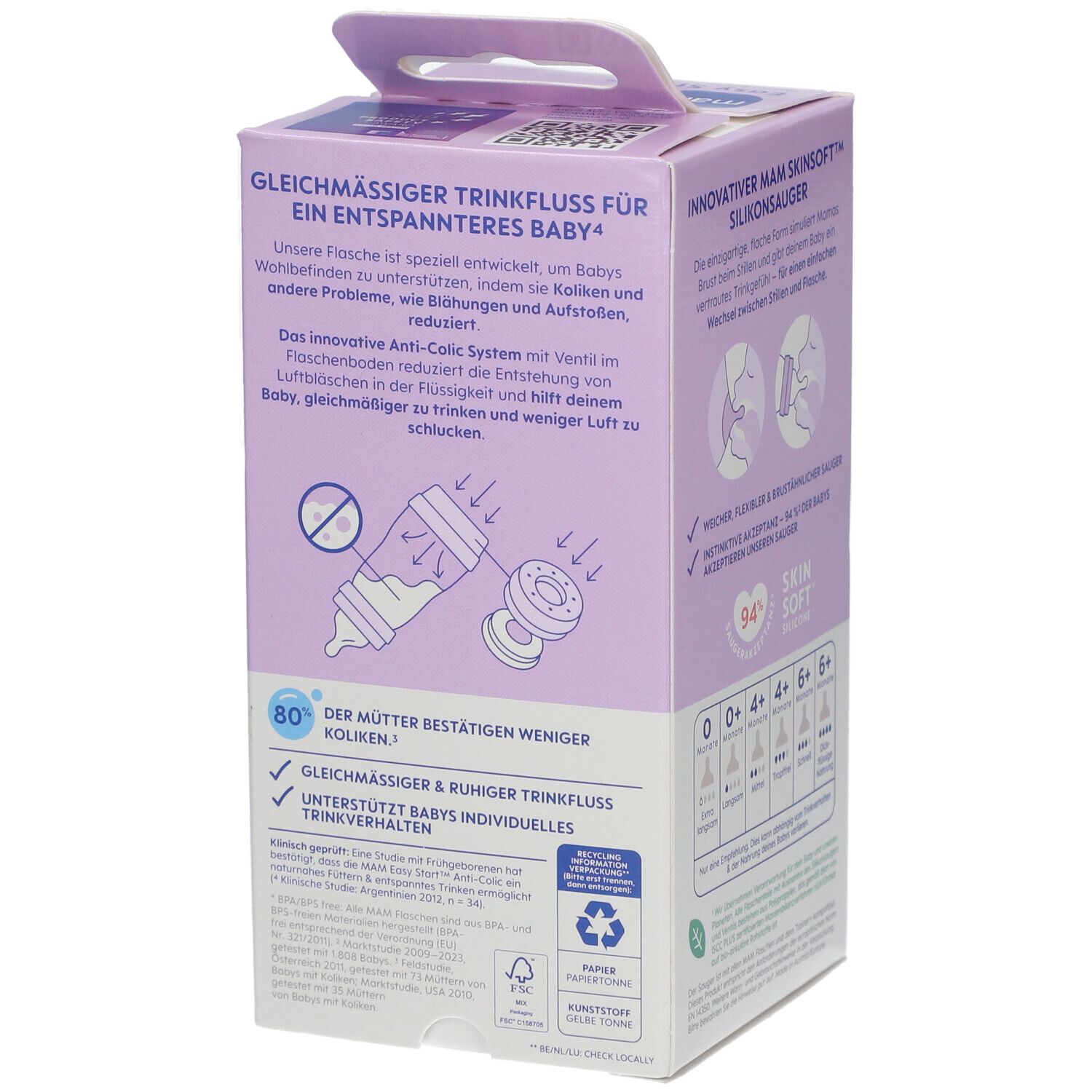 Verpackung der Babyflasche. Seite mit Produktinformationen. Marke: mam. Anti-Colic System. Informationen zur Trinkflussregulierung.