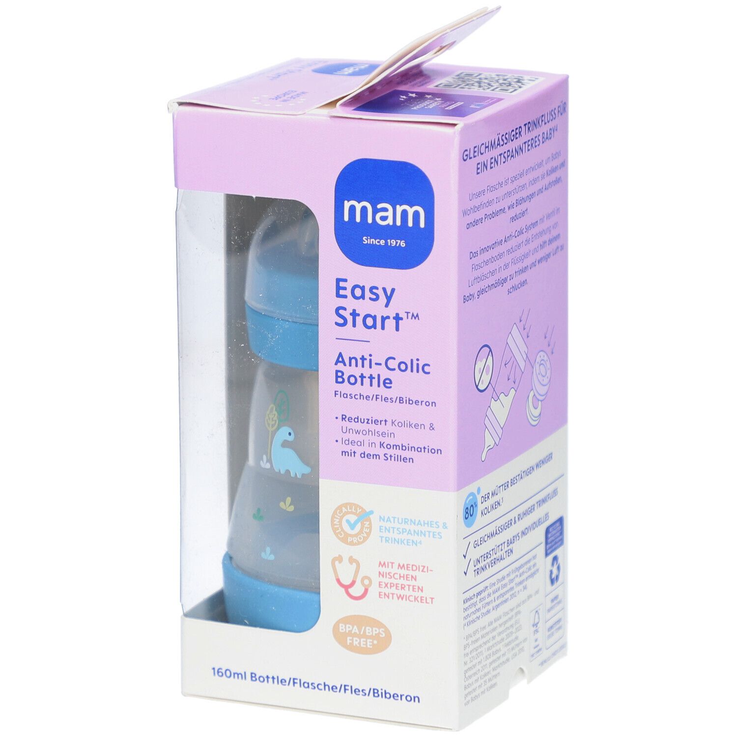 Babyflasche in Verpackung. Blau und transparent. Marke: mam. Anti-Colic. 160ml. Flasche mit Dino-Motiv.