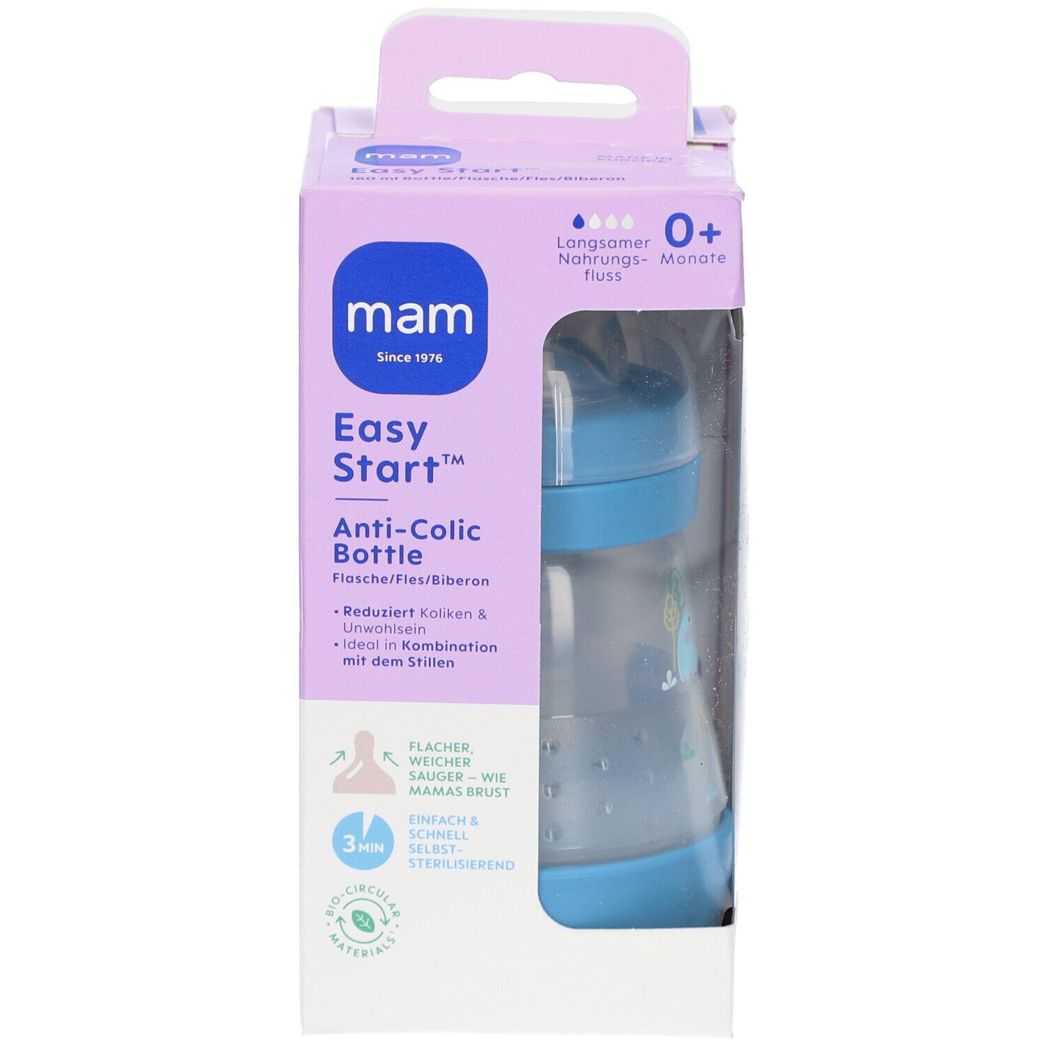 Babyflasche in Verpackung. Blau und transparent. Marke: mam. Anti-Colic. 0+ Monate. Flasche mit blauem Deckel.