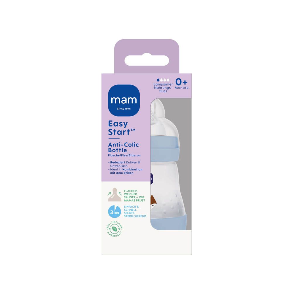 MAM Easy Start Anti-Colic Babyflasche in Verpackung. Weiß mit blauem Ring.