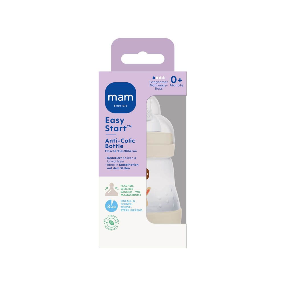 Biberon anti-colique MAM Easy Start beige avec motif animal, vue latérale.