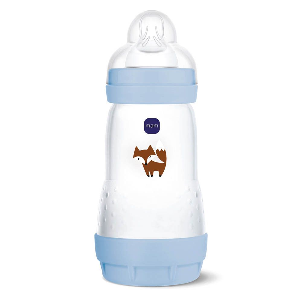 Babyflasche mit Fuchs-Motiv und blauem Deckel.