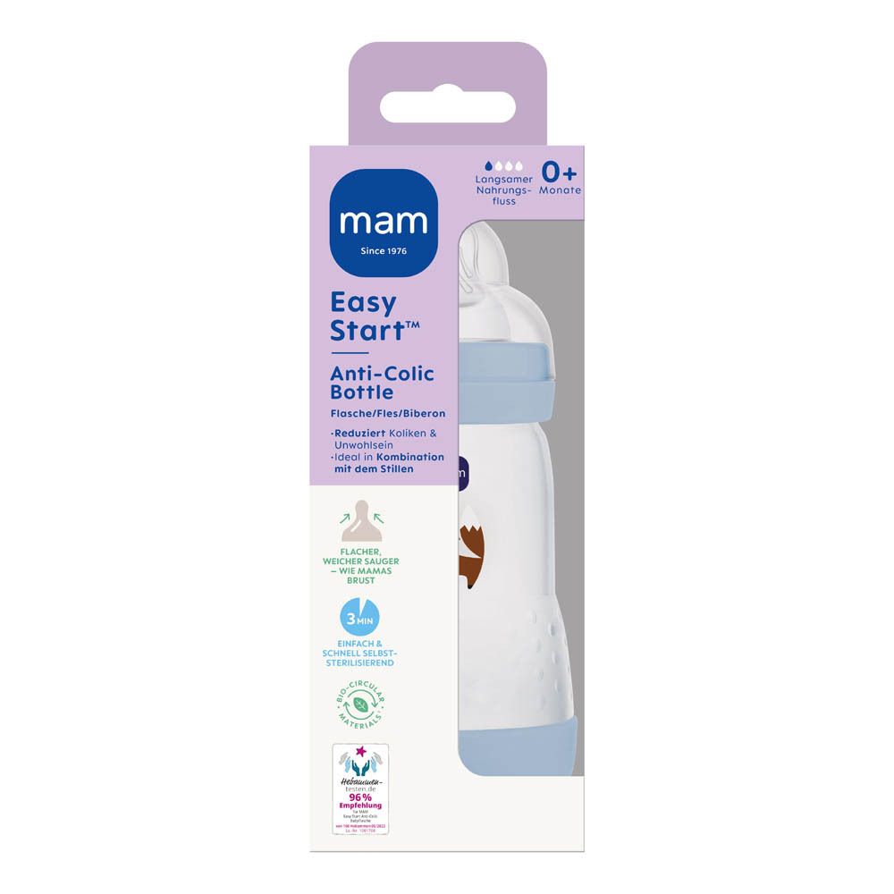 MAM Easy Start Anti-Colic Babyflasche, 130ml, mit flachem Sauger und Belüftungsventil.