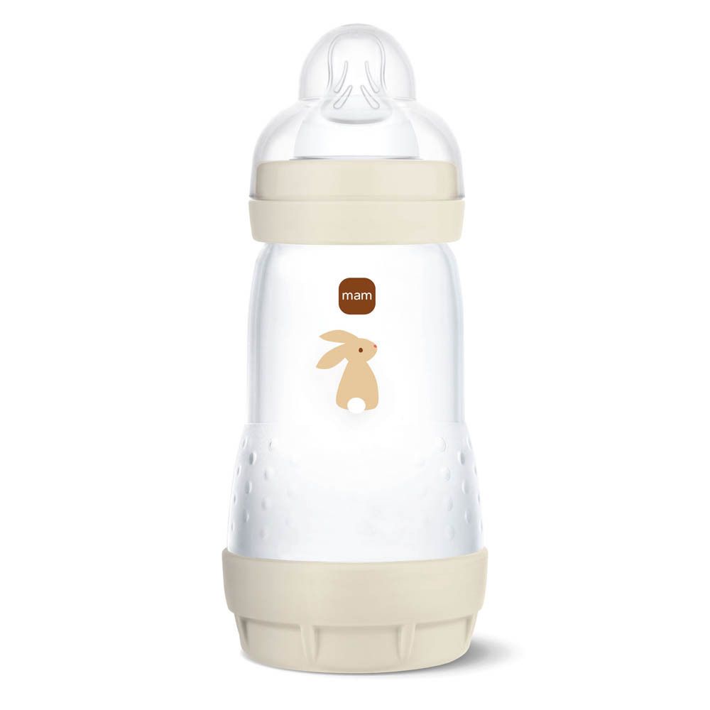 Babyflasche mit beige-farbenem Deckel, beige-farbenem Boden und einem Hasenmotiv.