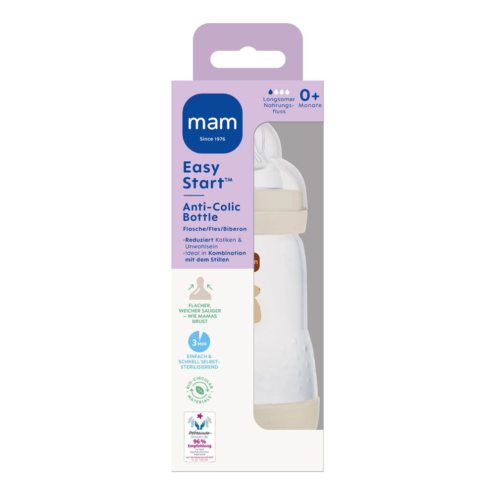 MAM Easy Start™ Anti-Colic Babyflasche, 130ml, weiß mit Bärenmotiv. Flasche und Sauger sind im Karton abgebildet.