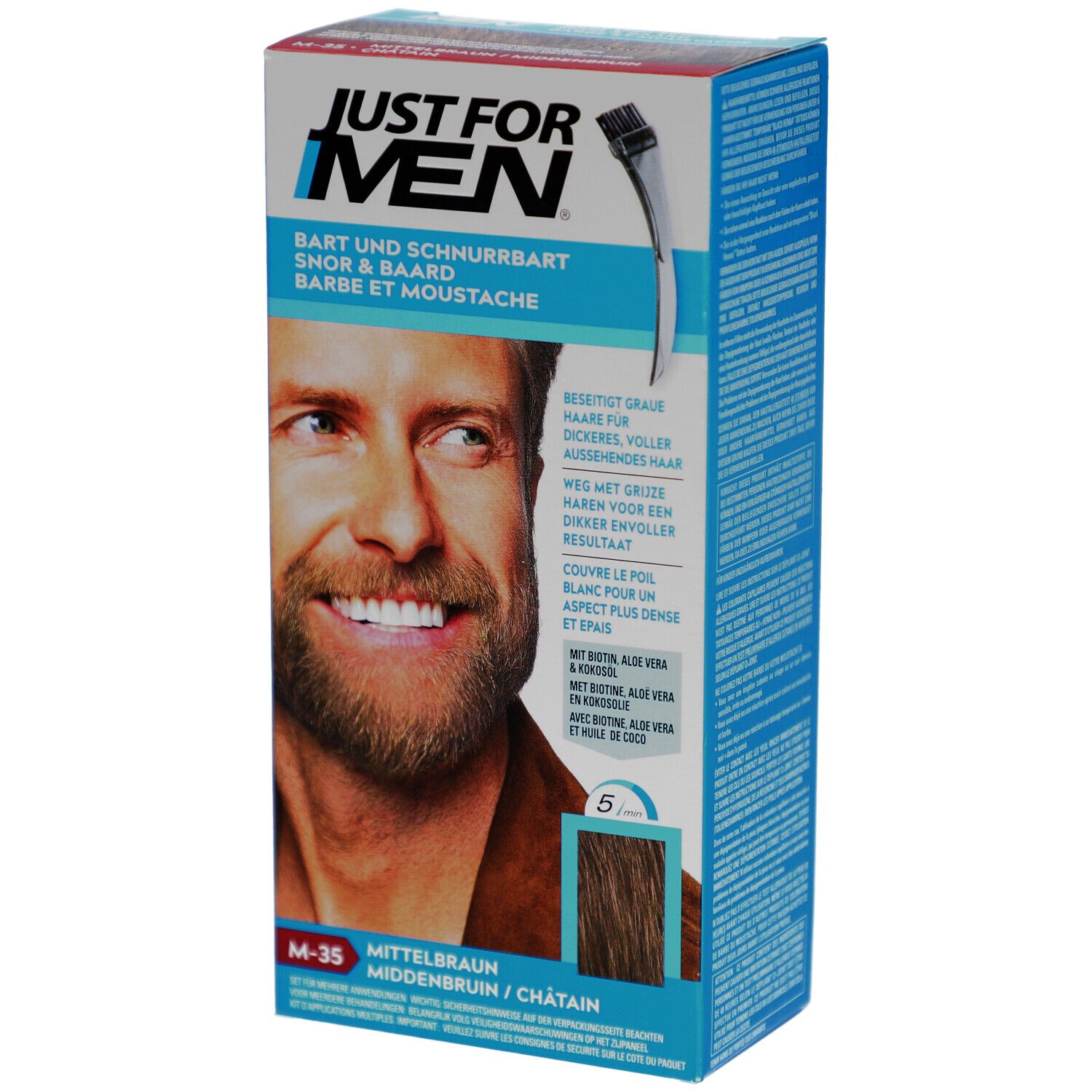 Schachtel Just For Men Bart- und Schnurrbartfarbe. Abbildung eines Mannes mit Bart. Farbton M-35, Mittelbraun.