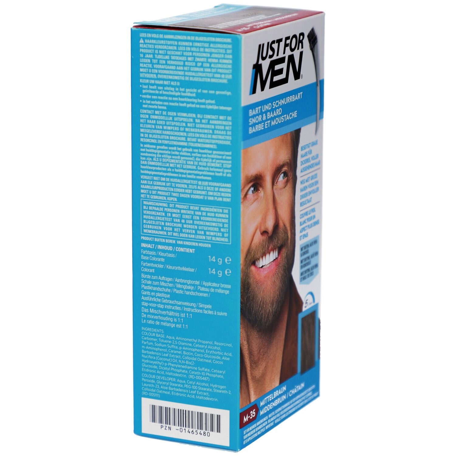 Rückseite der Schachtel Just For Men Bart- und Schnurrbartfarbe. Textinformationen und Produktangaben.