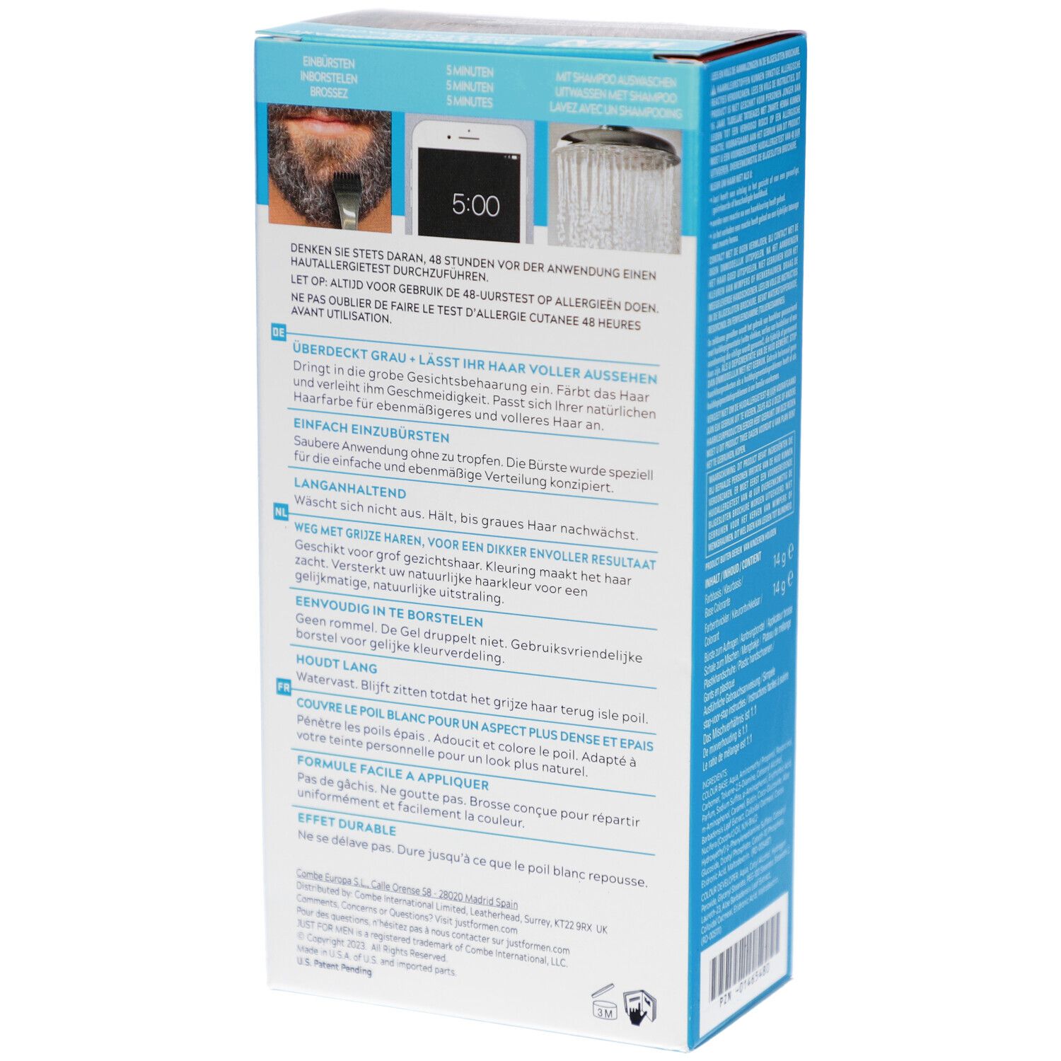 Rückseite der Schachtel Just For Men. Grafiken zeigen Anwendungshinweise und Allergietest.