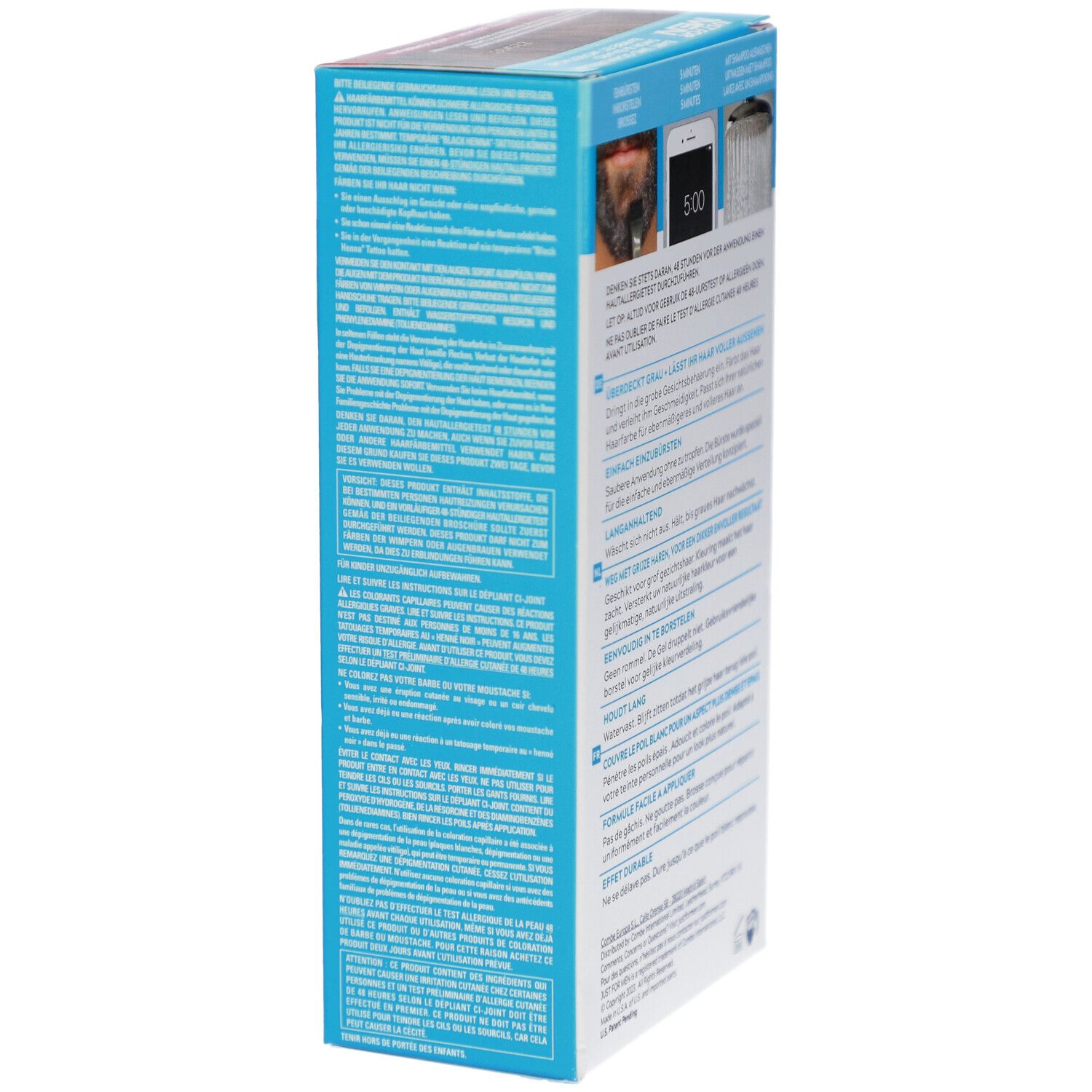 Rückseite der Schachtel Just For Men. Text und Grafiken mit Anwendungshinweisen.