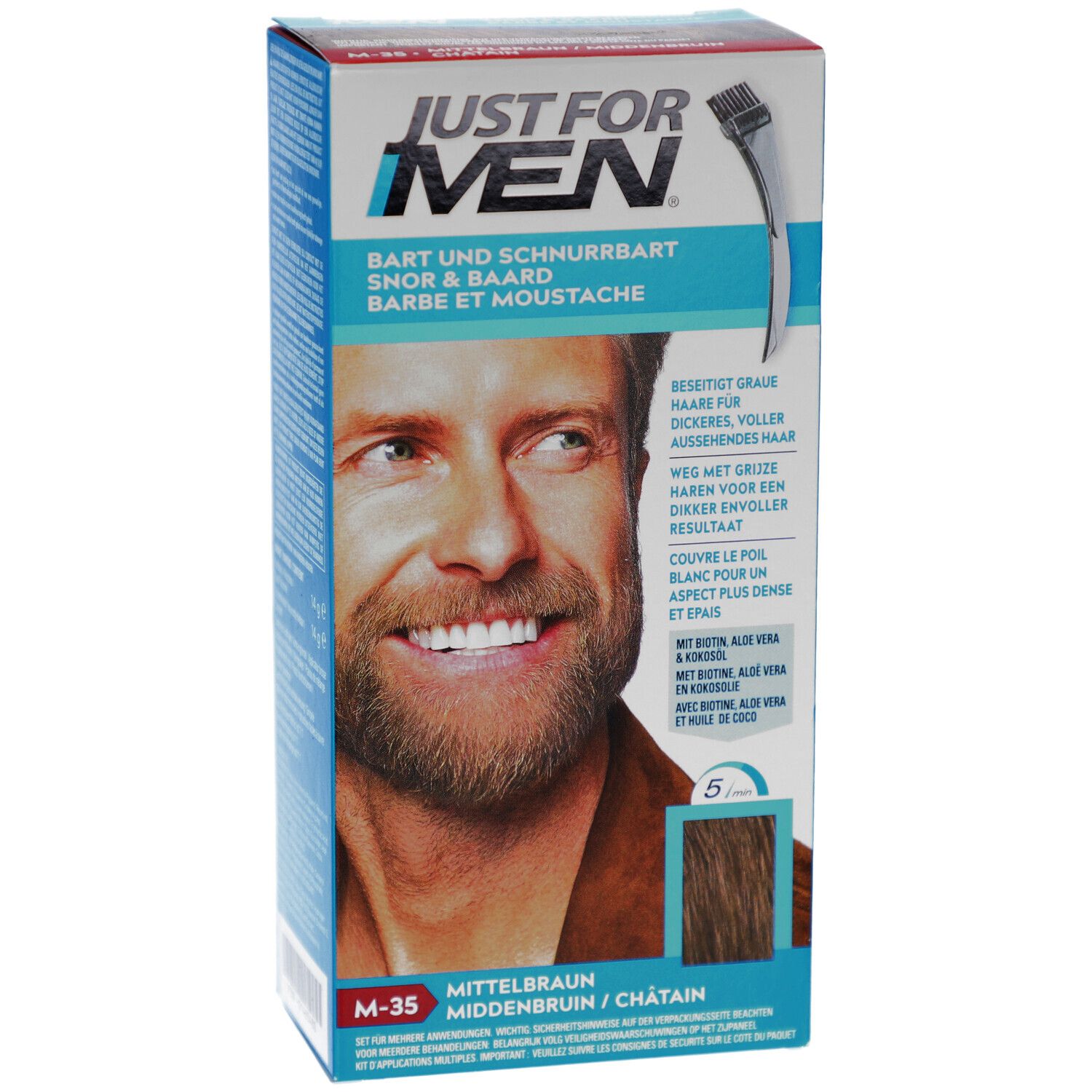 Schachtel Just For Men Bart- und Schnurrbartfarbe. Abbildung eines Mannes mit Bart. Farbton M-35, Mittelbraun.