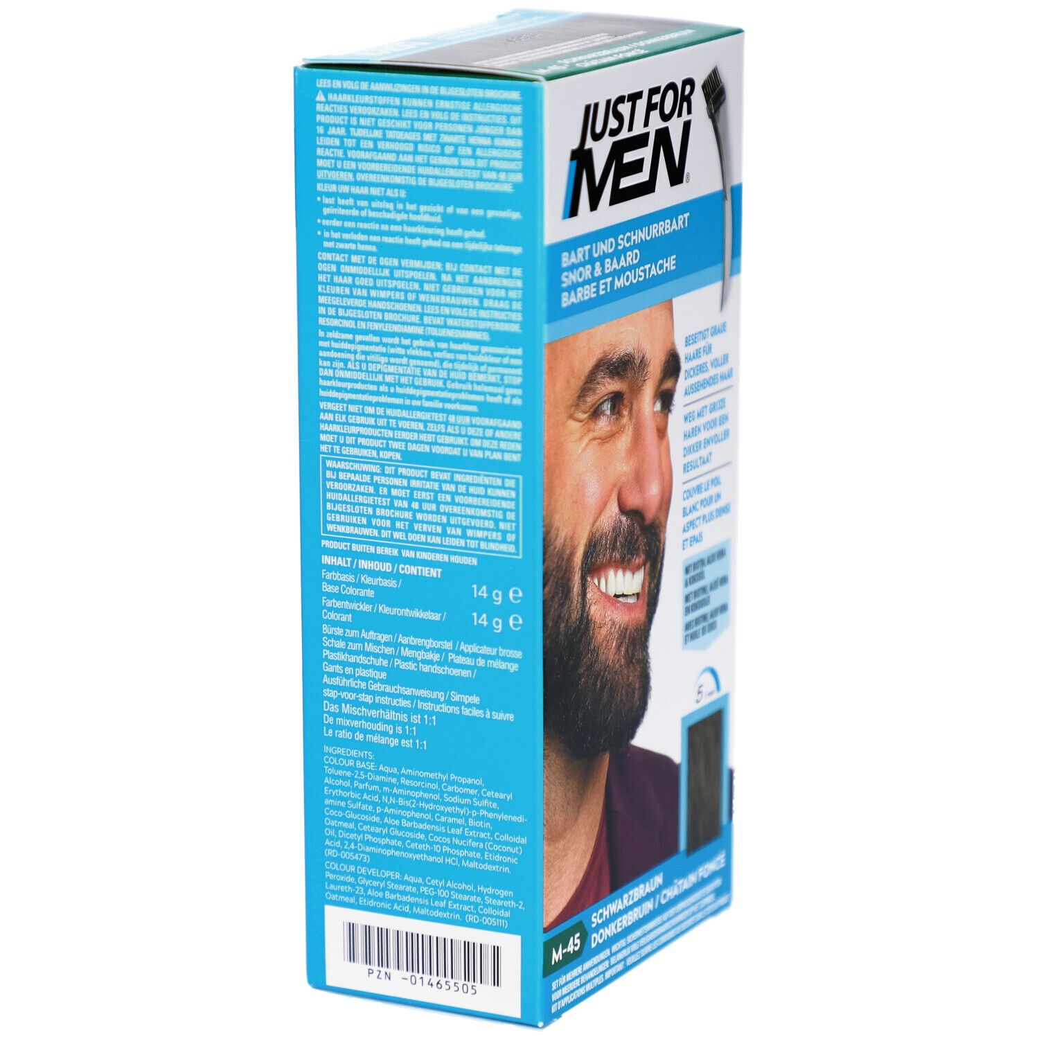 Blaue Schachtel mit Produktnamen und Text. Enthält Informationen zu Inhaltsstoffen und Anwendung. M-45.