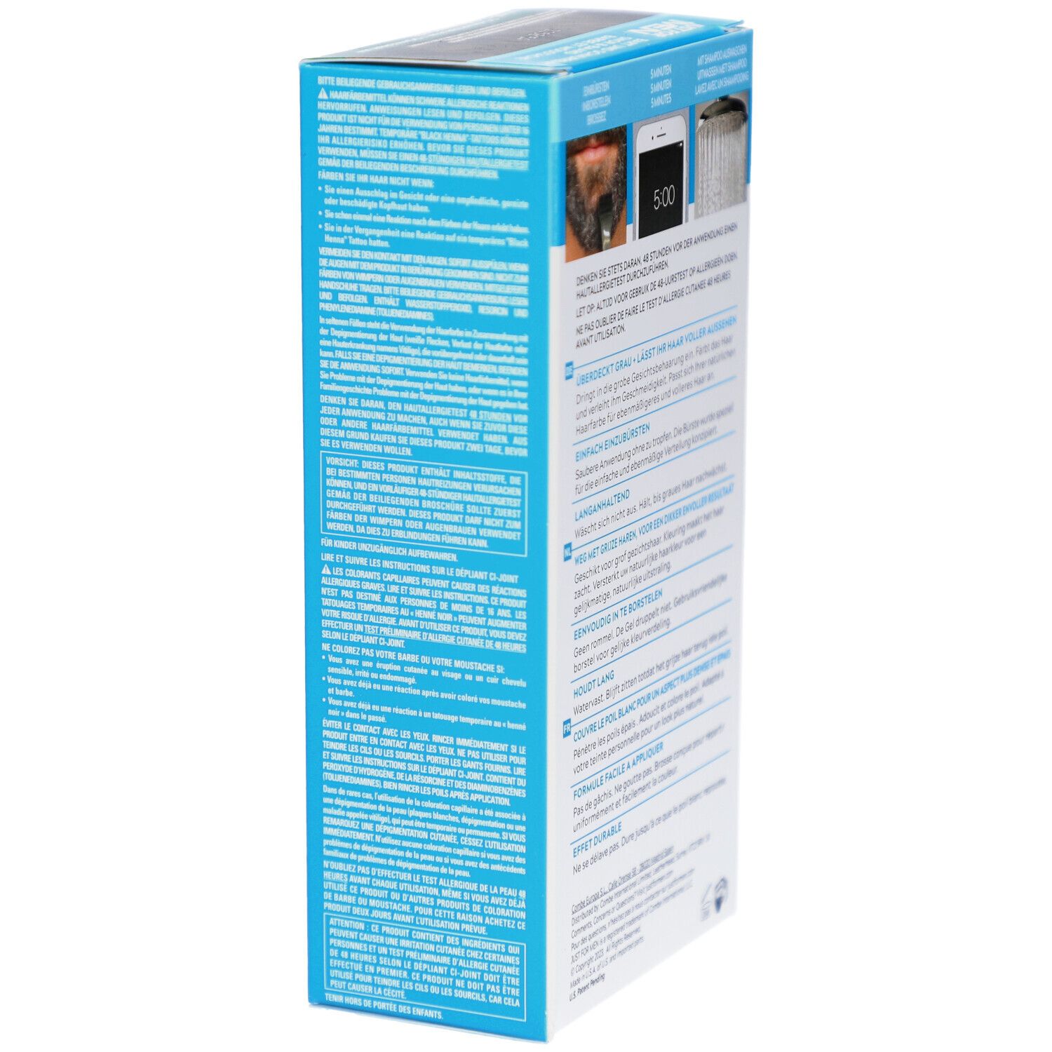 Blaue Schachtel mit Text und Abbildungen. Enthält Informationen zur Anwendung und Warnhinweise. M-45.