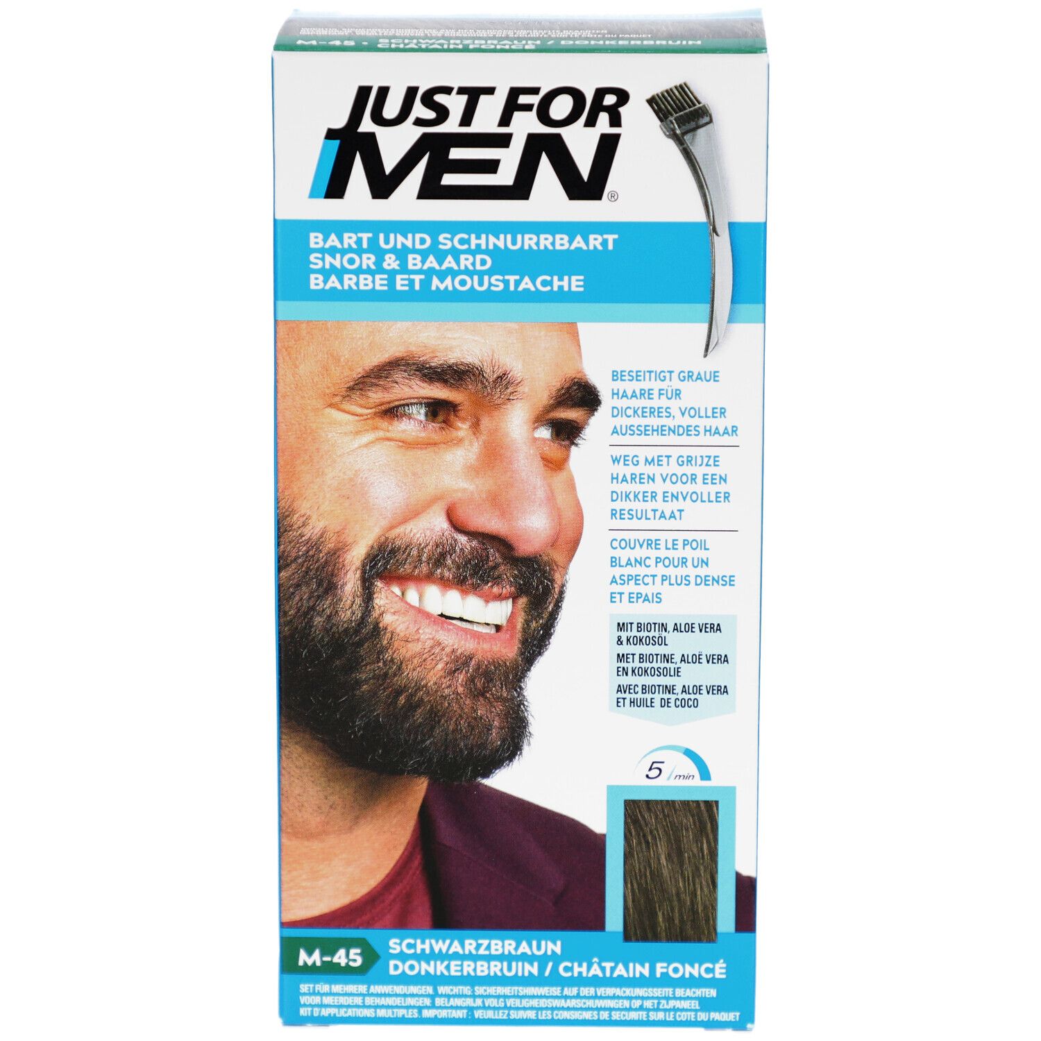 Schwarze Schachtel mit Produktabbildung und Produktnamen. Enthält Text in Deutsch, Französisch und Englisch. M-45.