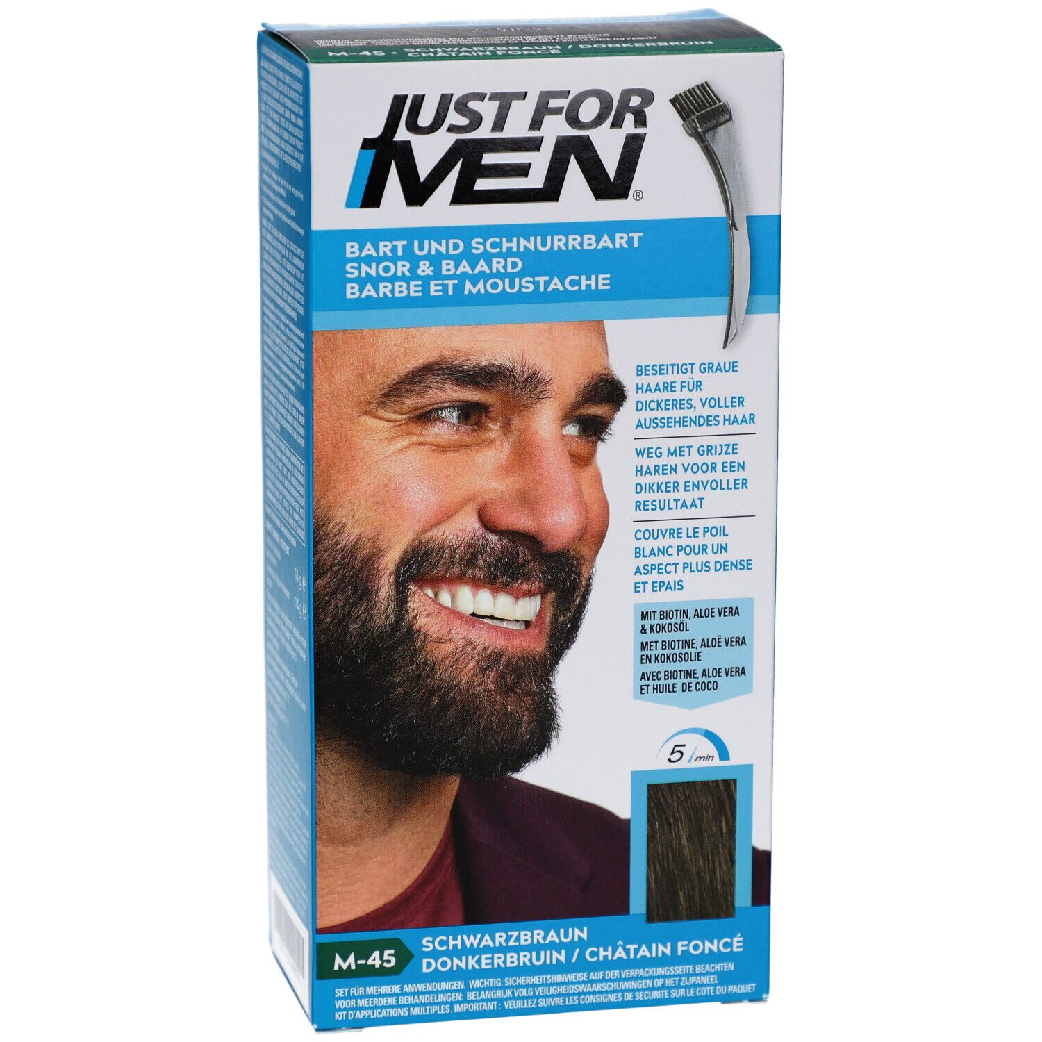 Schwarze Schachtel mit Produktabbildung und Produktnamen. Enthält Text in Deutsch, Französisch und Englisch. M-45.