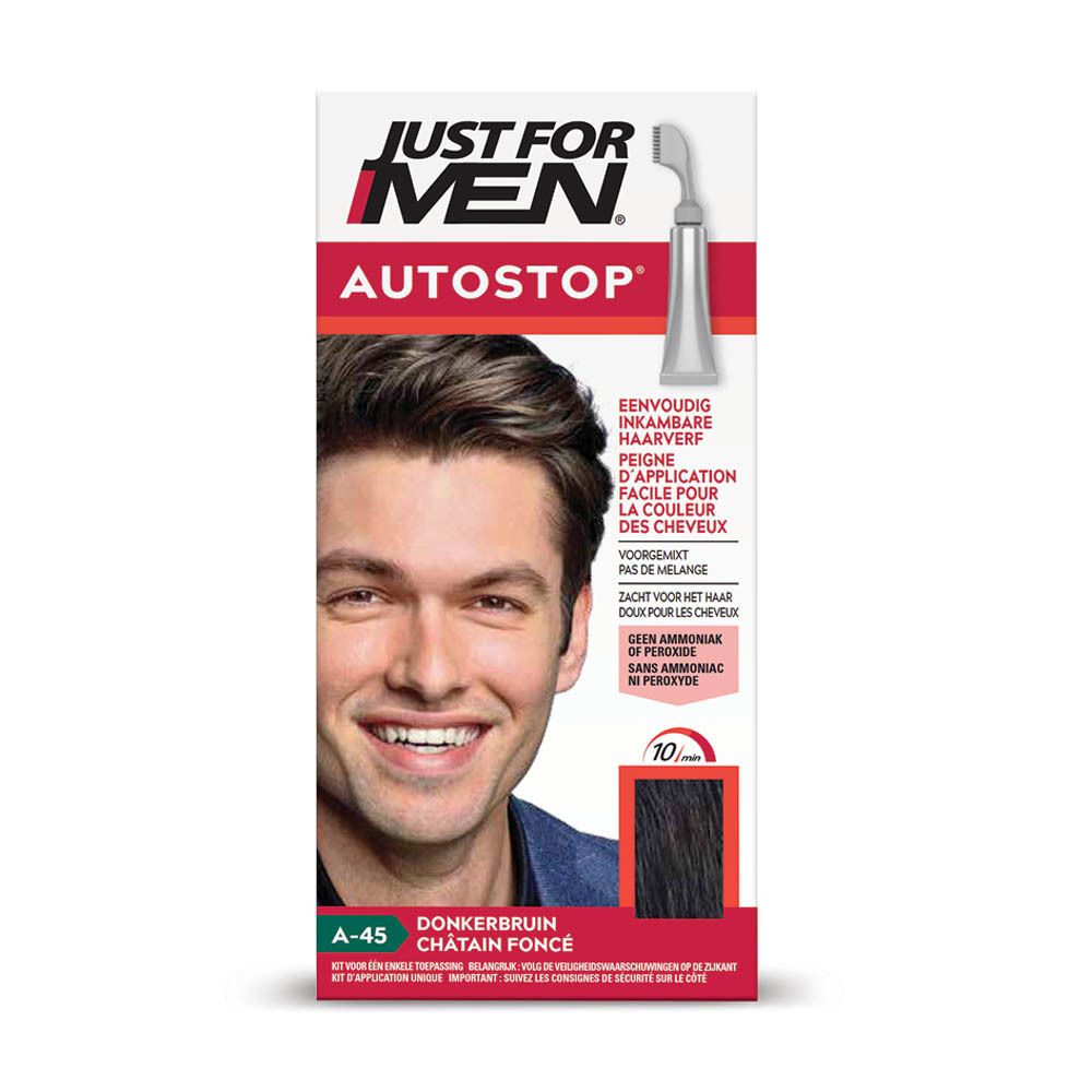 Just for Men Autostop Haarfarbe Dunkelbraun A-45 in einer Verpackung mit Bild eines Mannes und Anwendungshinweisen.