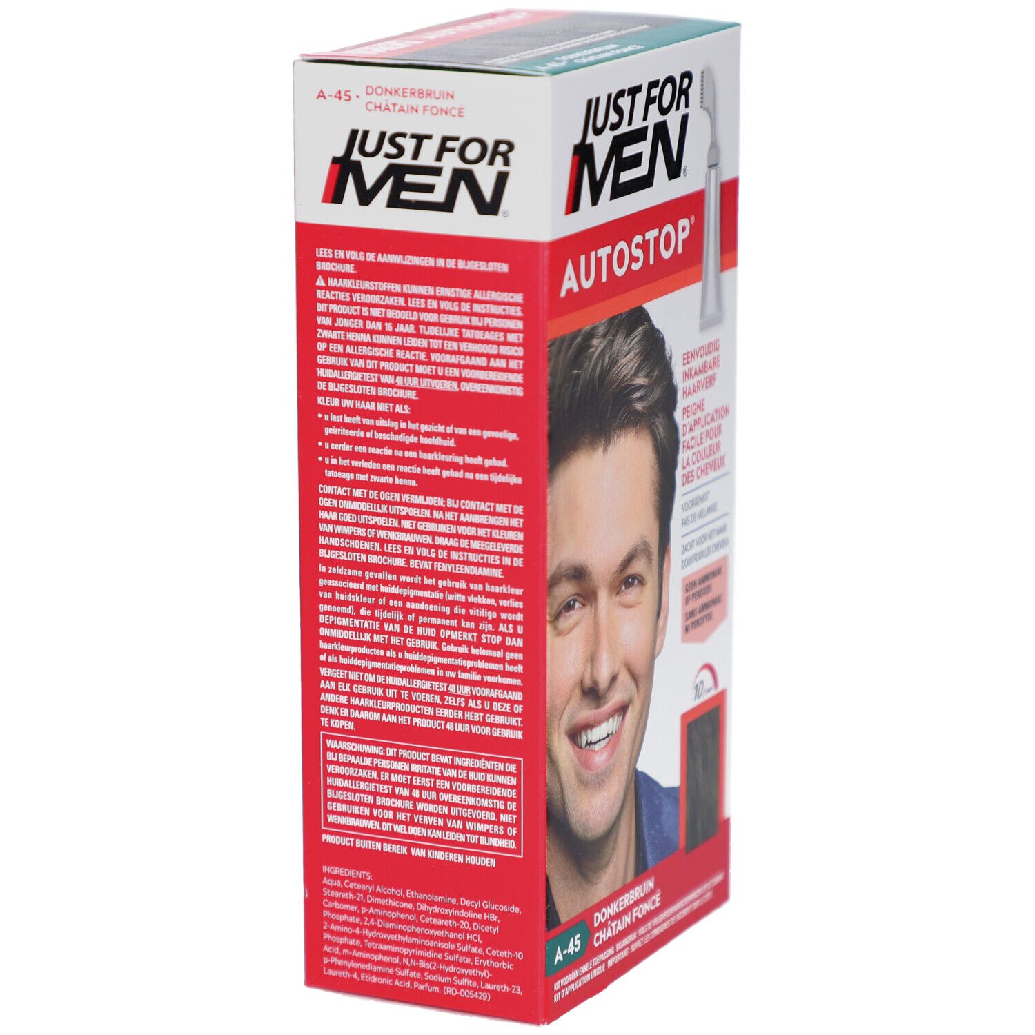 Seitenansicht der Schachtel Just For Men Autostop. Text in mehreren Sprachen. Abbildung eines Mannes. Enthält Informationen zur Anwendung.