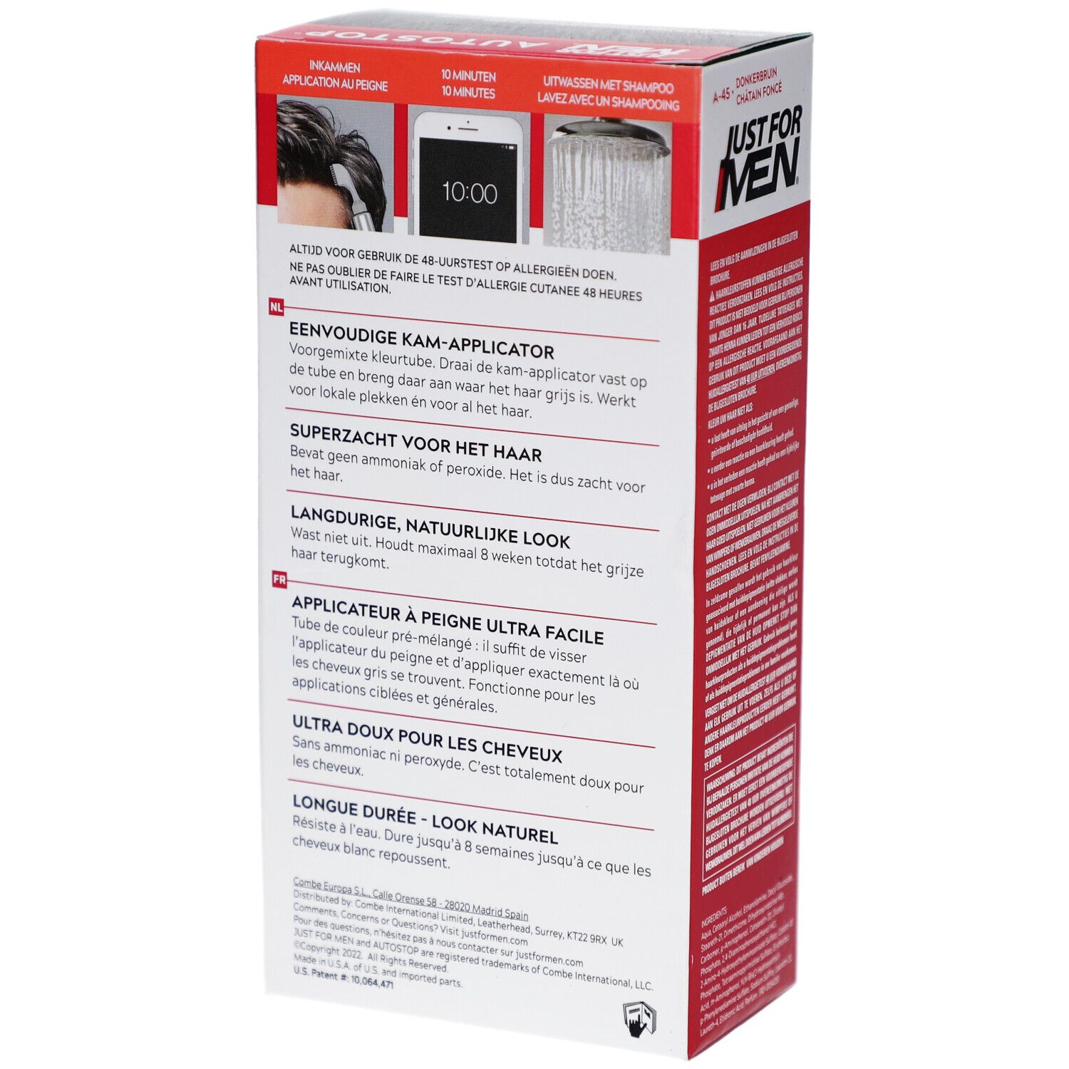 Rückseite der Schachtel Just For Men Autostop. Text in mehreren Sprachen. Enthält Informationen zur Anwendung und Inhaltsstoffe.