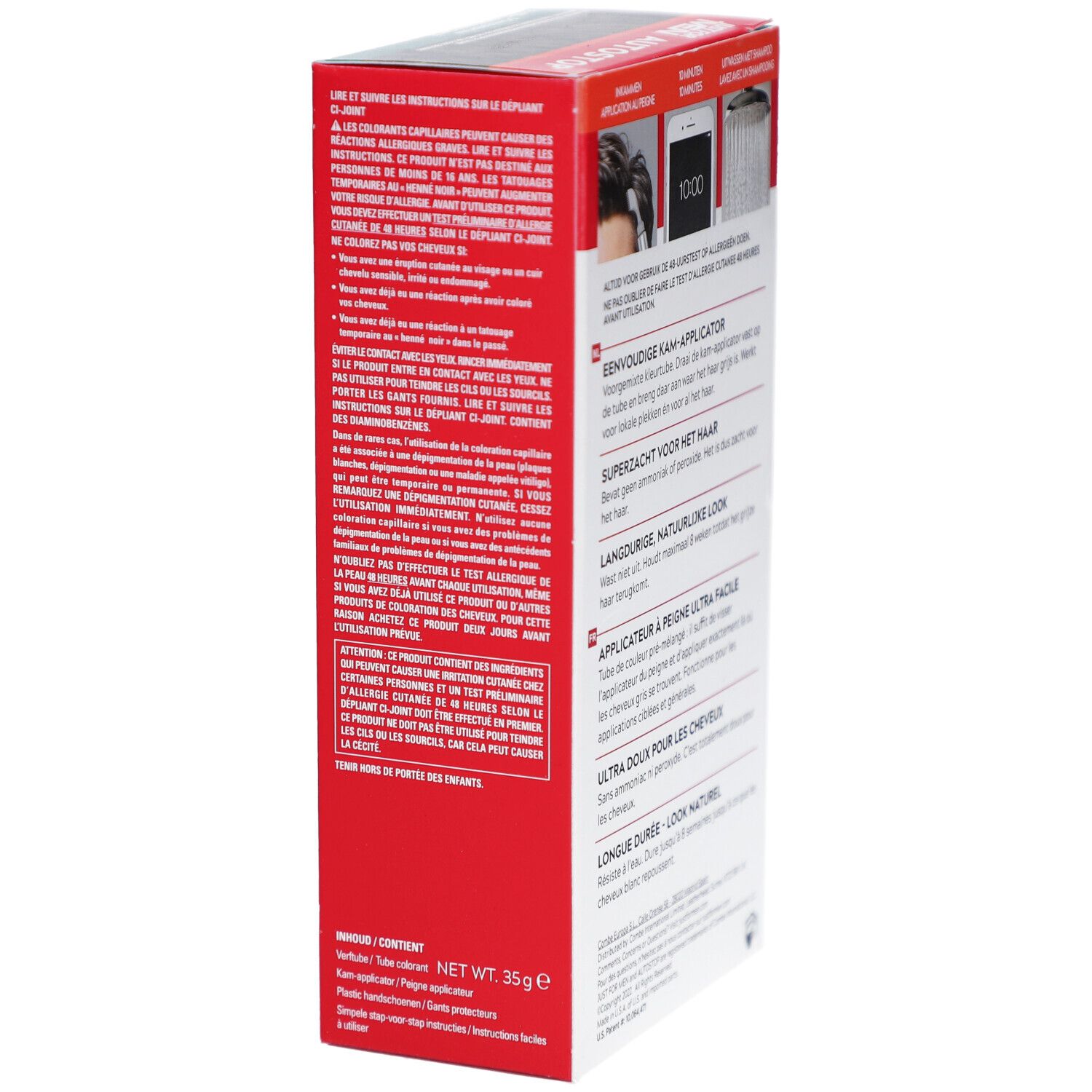 Seitenansicht der Schachtel Just For Men Autostop. Text in mehreren Sprachen. Enthält Informationen zur Anwendung und Inhaltsstoffe.