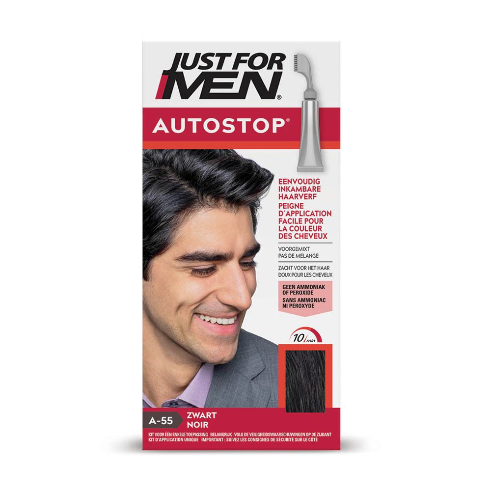 Just For Men Autostop Haarfärbemittel-Packung mit einem Mann und einem Anwendungsbild.