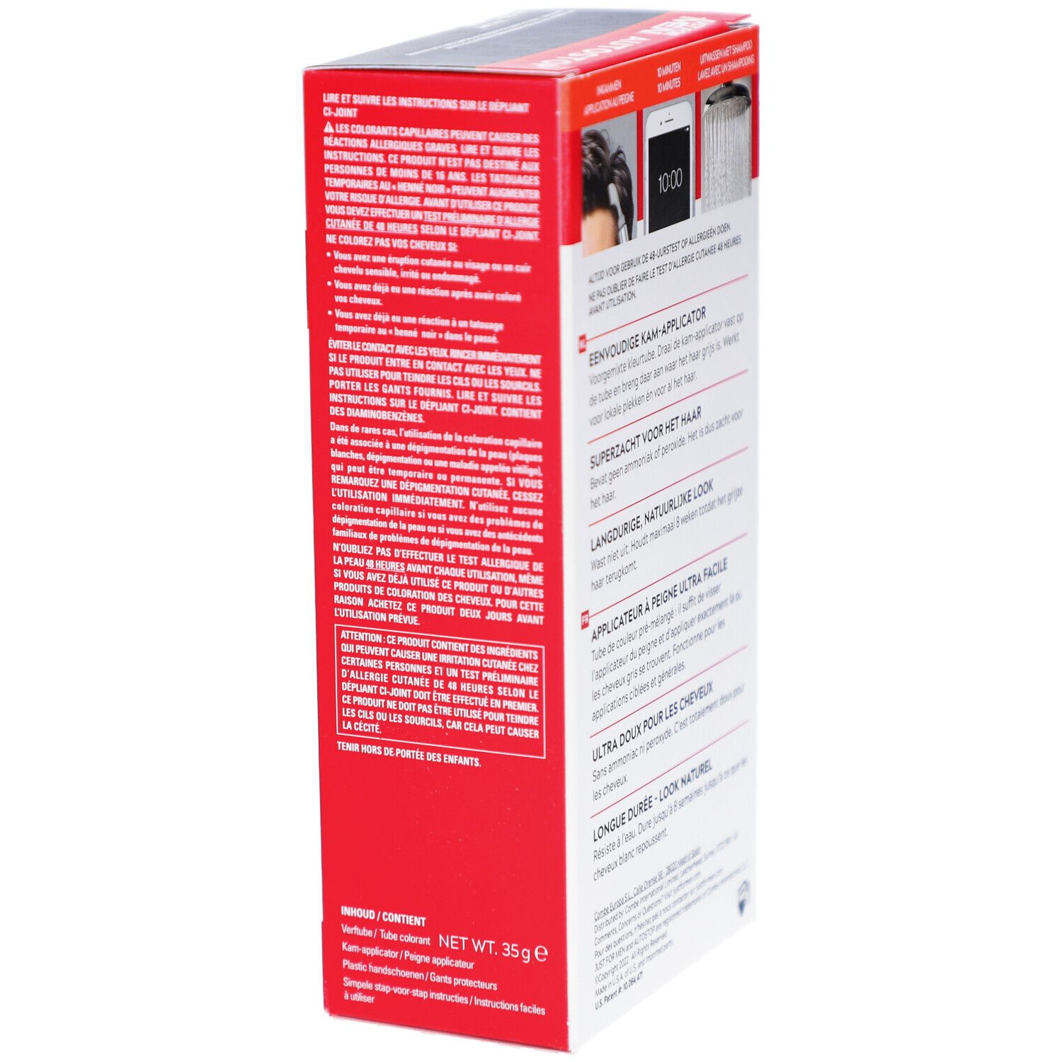 Vue latérale de l'emballage Just For Men Autostop Color Noir A-55. Contient du texte et des informations sur le produit. Poids net 35g.