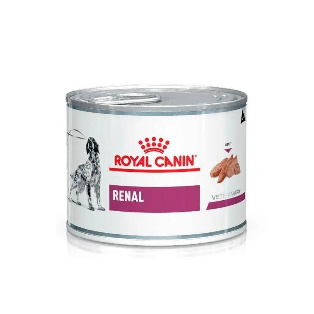 Une boîte de Royal Canin Veterinary Renal Mousse avec motif de chien.
