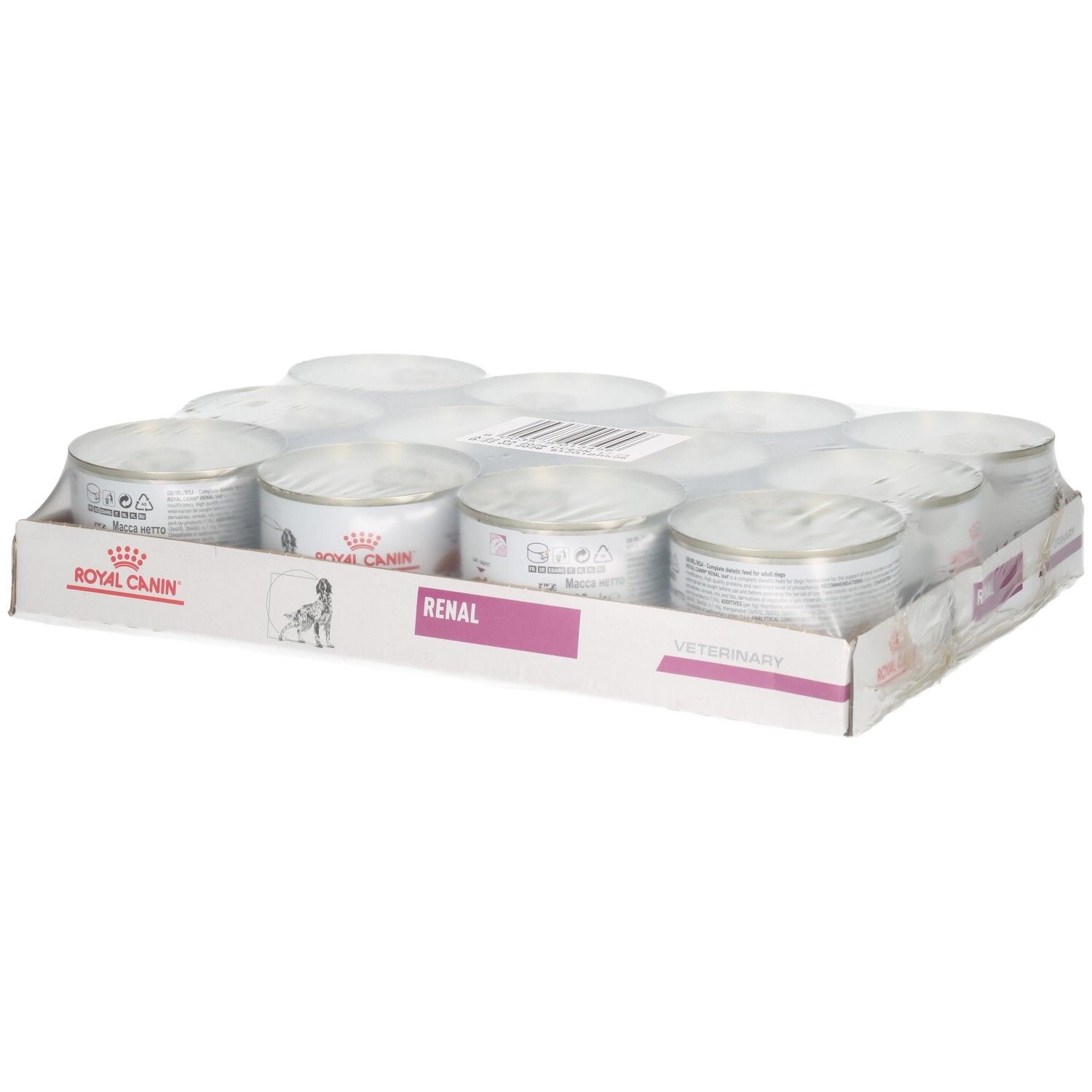 Zwölf Dosen Royal Canin Veterinary Renal Mousse im Karton.