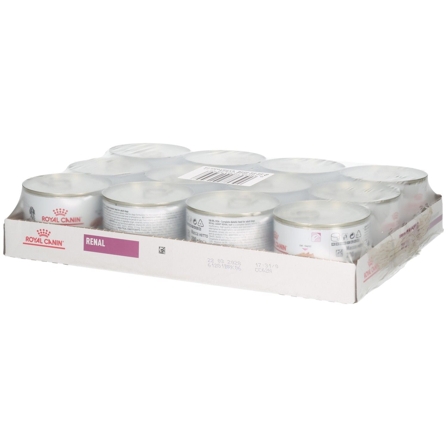 Zwölf Dosen Royal Canin Veterinary Renal Mousse im Karton.