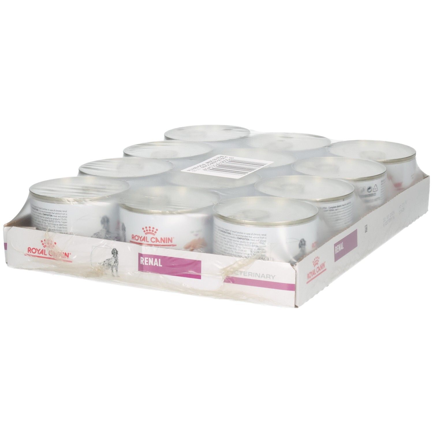 Zwölf Dosen Royal Canin Veterinary Renal Mousse im Karton.