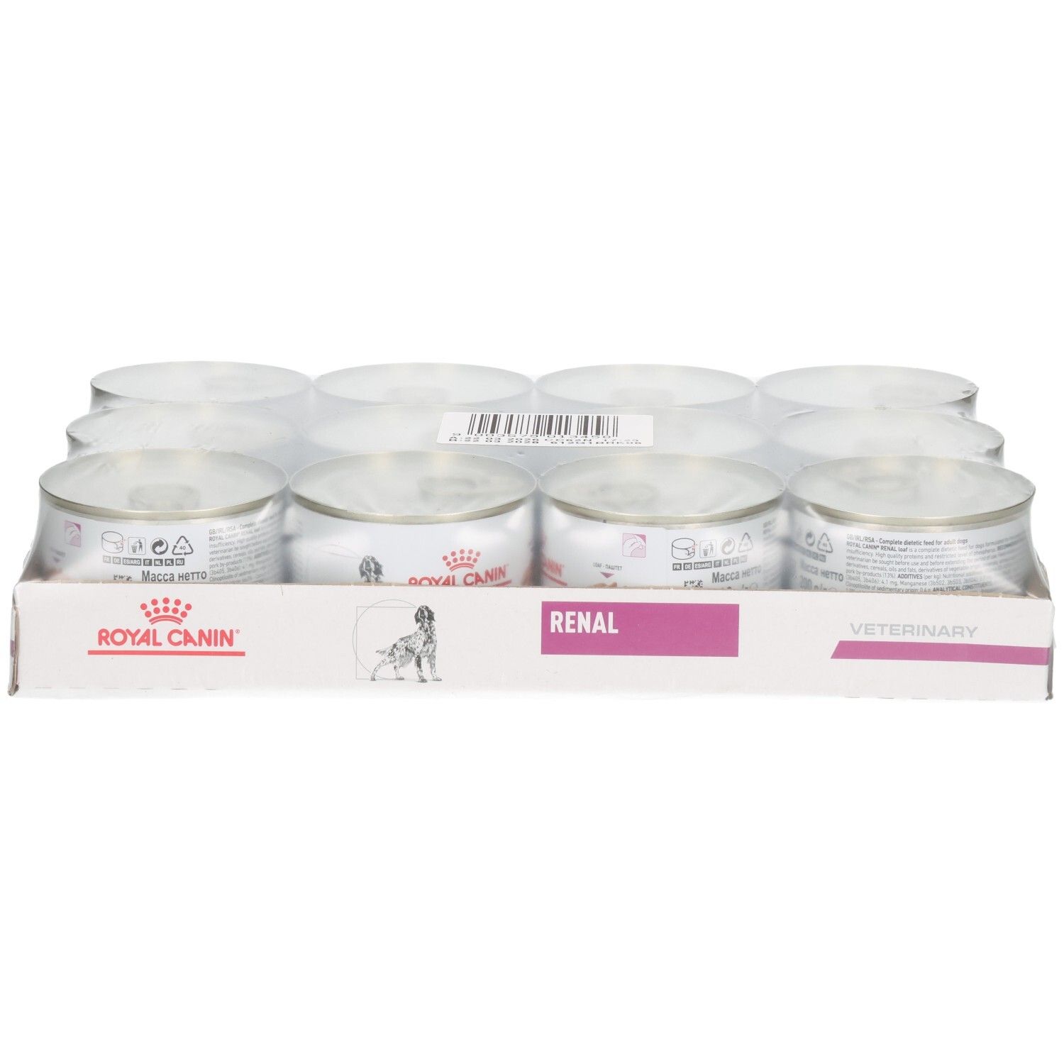 Zwölf Dosen Royal Canin Veterinary Renal Mousse im Karton.