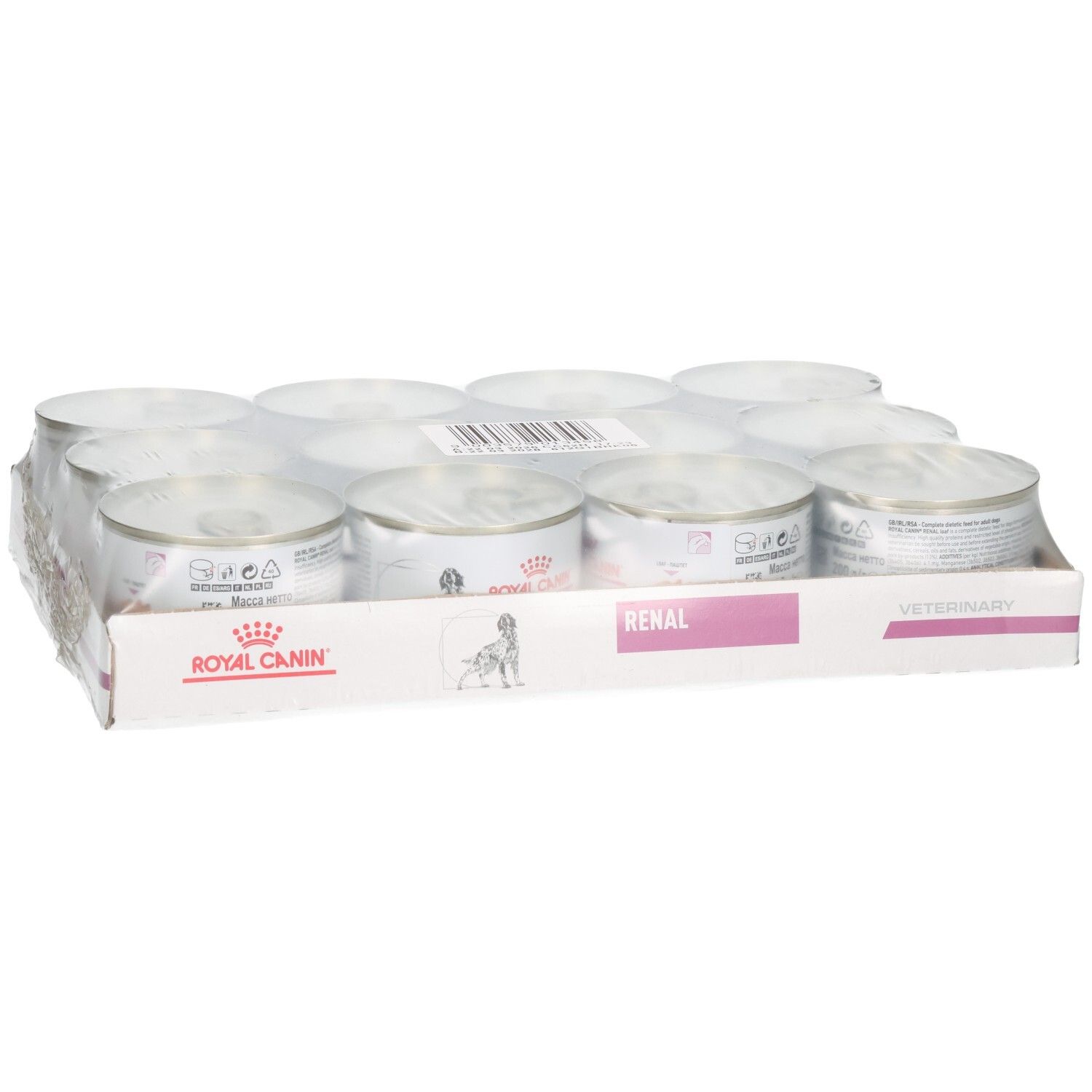 Zwölf Dosen Royal Canin Veterinary Renal Mousse im Karton.