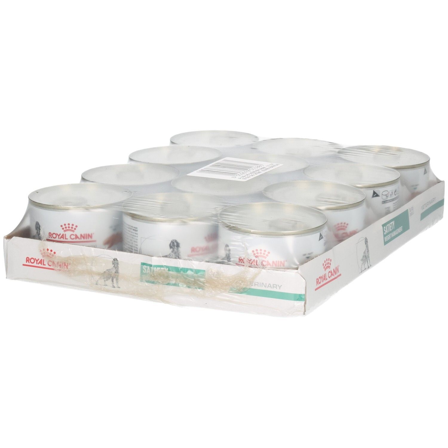 Zwölf Dosen Royal Canin Satiety Weight Management Tiernahrung in Verkaufsverpackung.